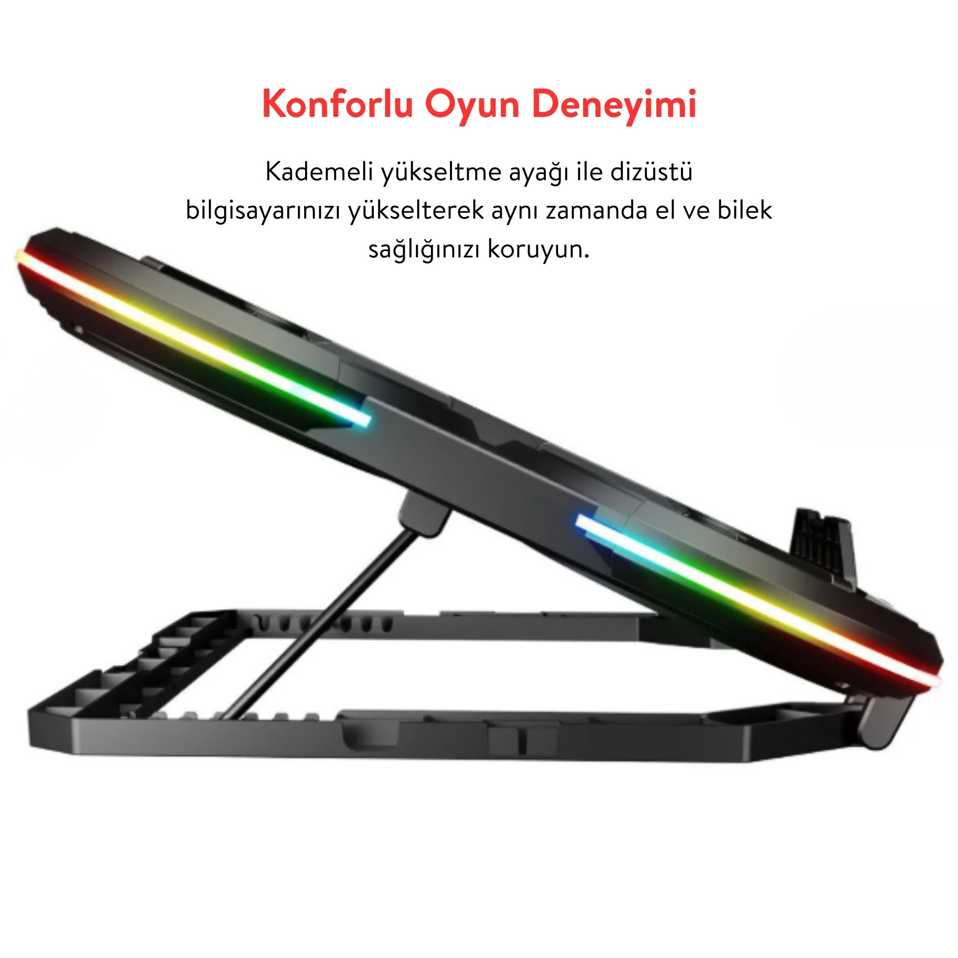 RGB aydınlatmalı siyah dizüstü bilgisayar standı, konfor için ayarlanabilir.