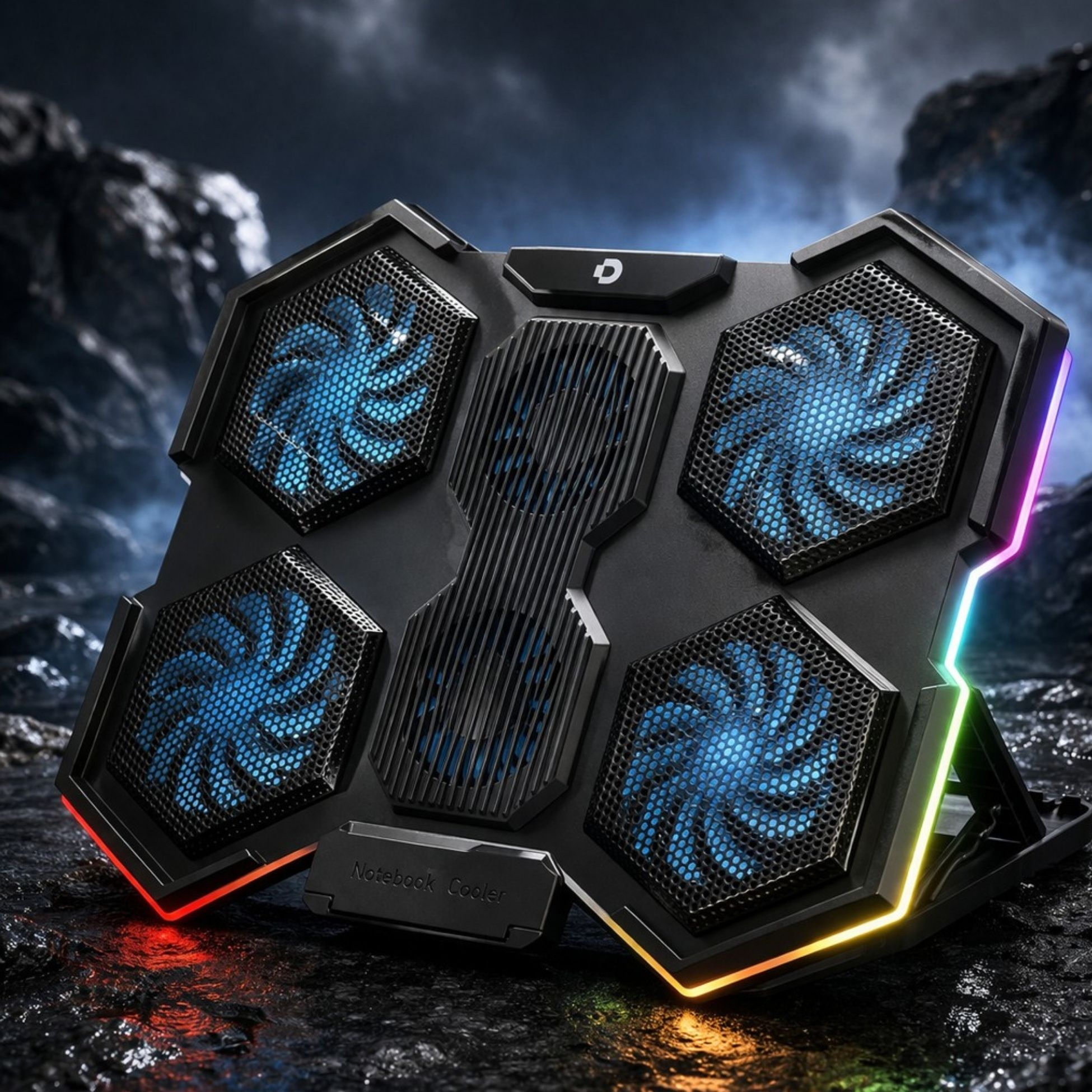 Siyah dizüstü bilgisayar soğutucu, mavi aydınlatmalı fanlar ve RGB aydınlatma.