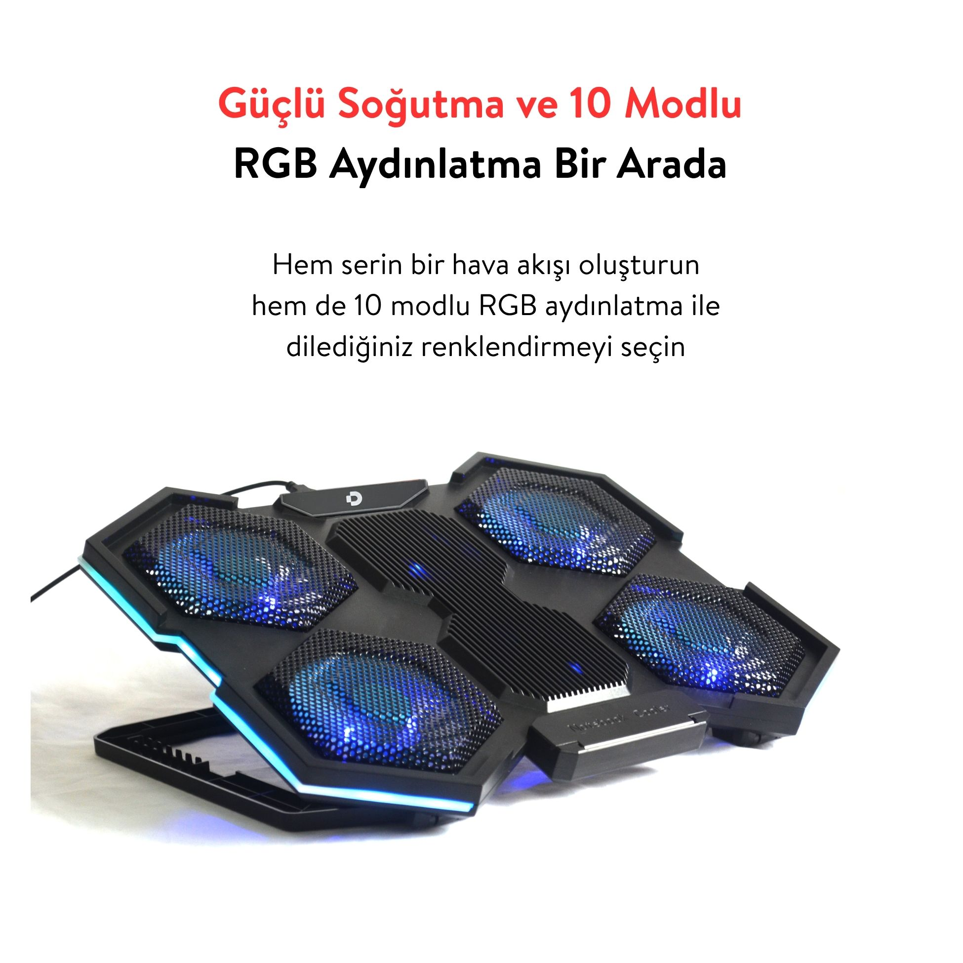 Mavi RGB fanlı ve mavi LED şeritli siyah laptop soğutucu.