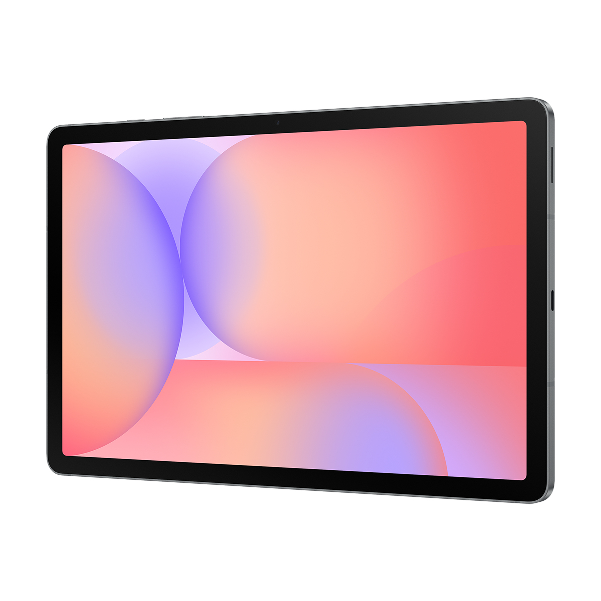 Üst üste binen dairelerden oluşan renkli bir duvar kağıdı gösteren gri tablet.