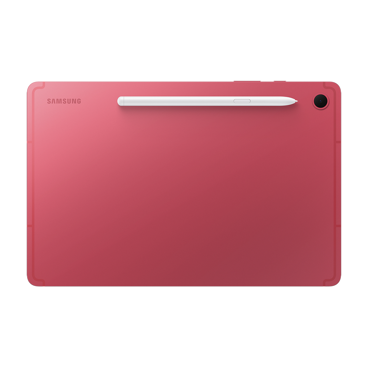 Arkasına manyetik olarak takılmış beyaz kalemli kırmızı Samsung tablet.