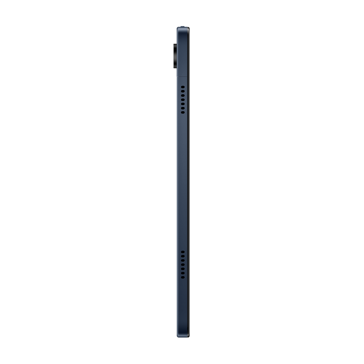 Kamera modülü ve şarj kontaklı, yan profilden koyu mavi tablet.