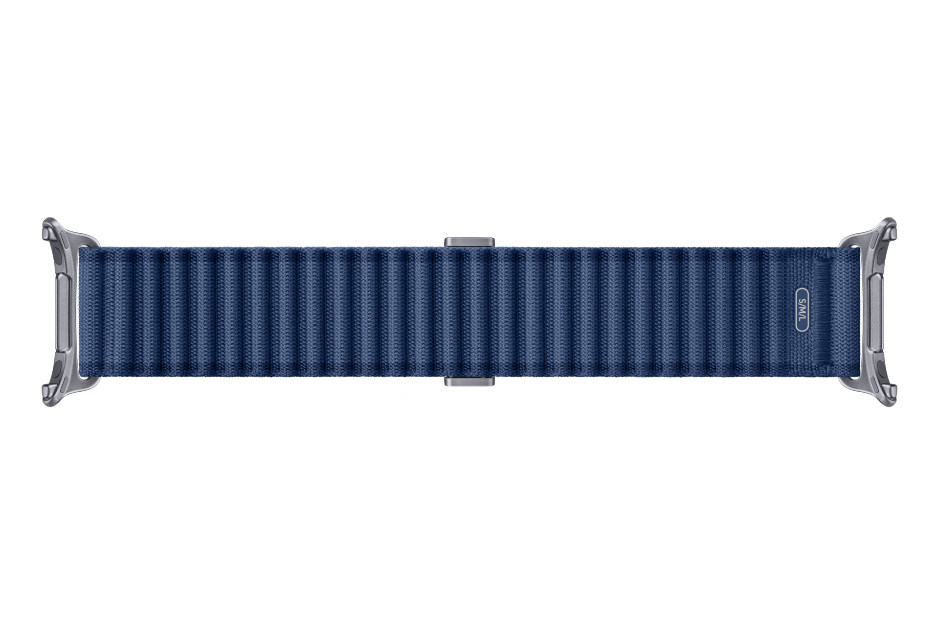Un cinturino blu scuro con connettori argentati e texture a coste.