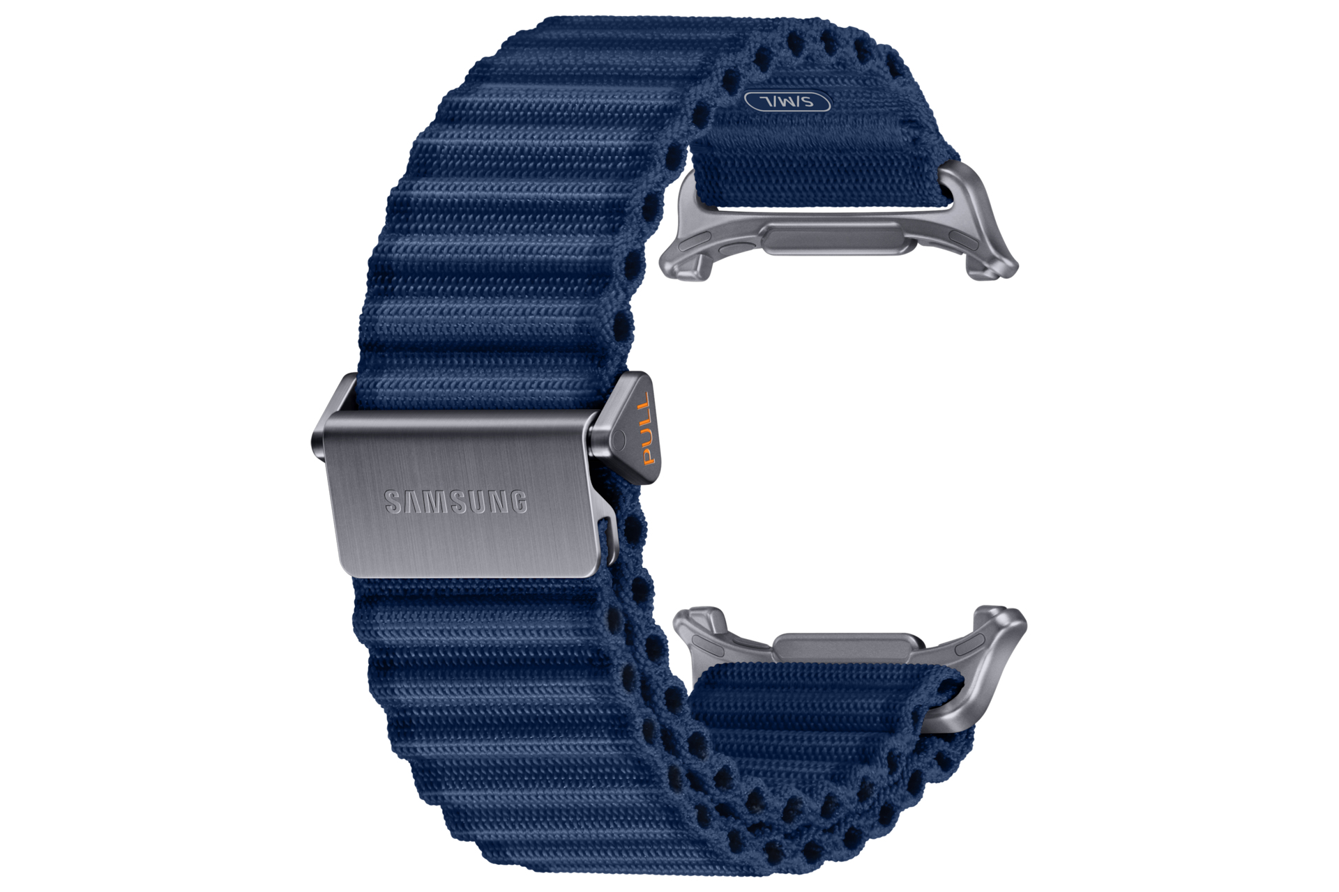 Un cinturino per orologio in tessuto blu scuro con chiusure in metallo argentato e logo 'SAMSUNG'.
