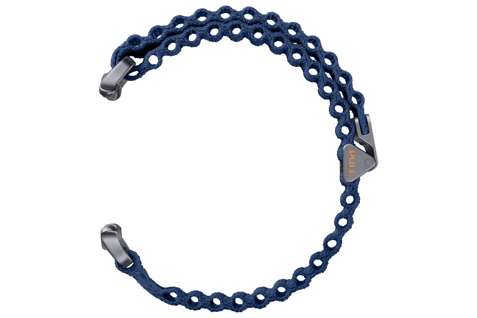 Un cinturino intrecciato blu scuro con fibbie argentate e iscrizione "PULL".