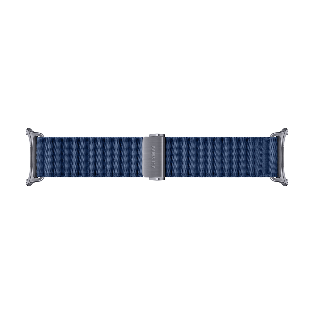 Un cinturino per orologio in tessuto blu scuro con chiusura Samsung argentata.