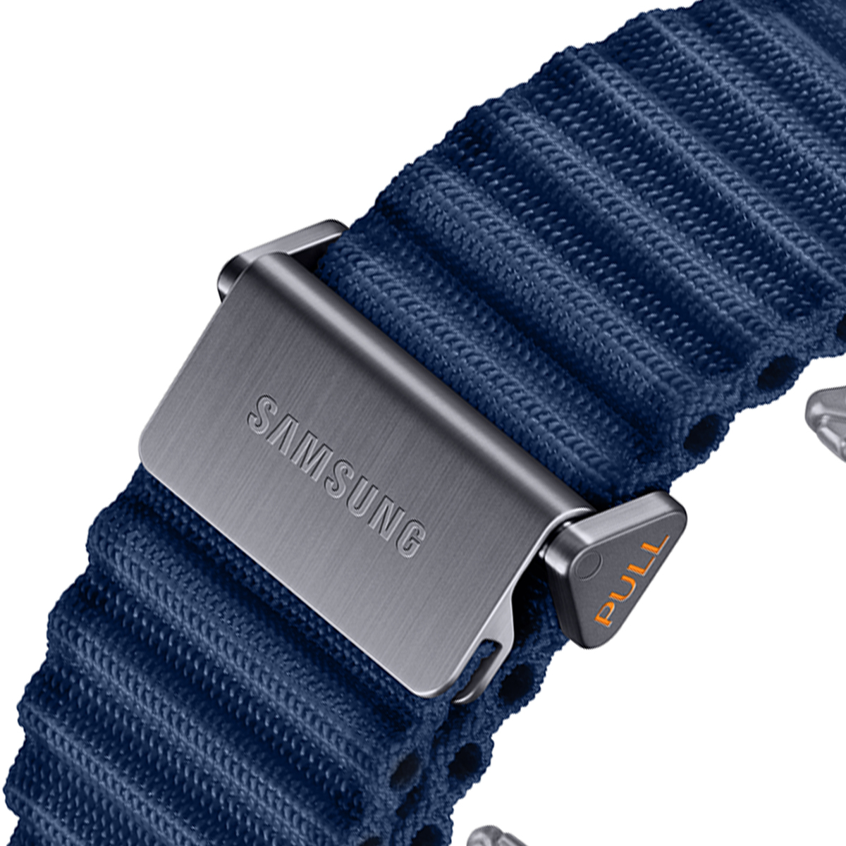 Bracciale in tessuto blu scuro con chiusura Samsung argentata e linguetta arancione.
