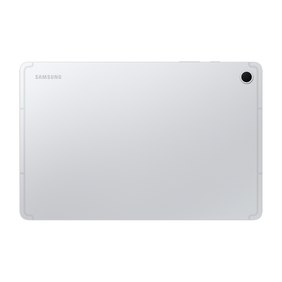 Sağ üstte kamera lensi bulunan beyaz Samsung tabletin arkası.