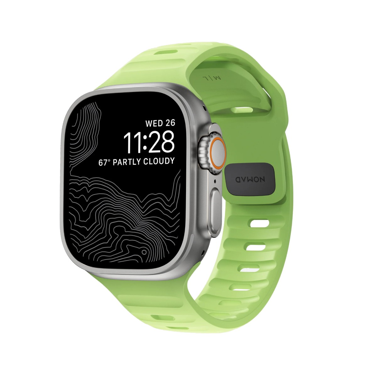 Un Apple Watch argento con cinturino verde mostra le 11:28, meteo parzialmente nuvoloso.