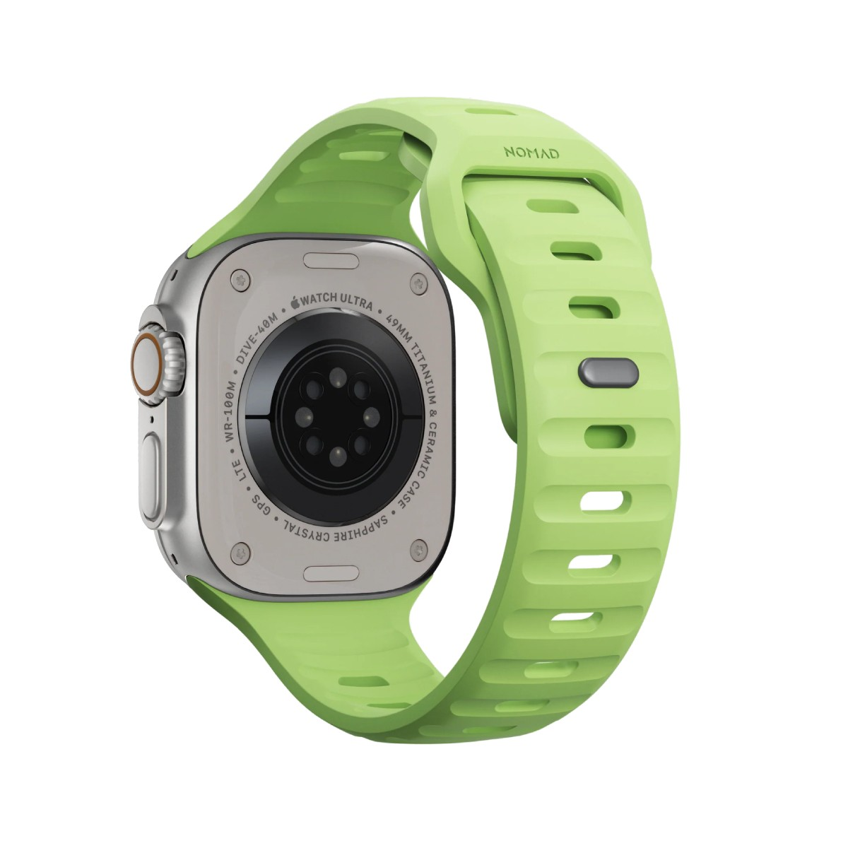 Un Apple Watch verde con cassa argentata e sensore cardiaco nero.