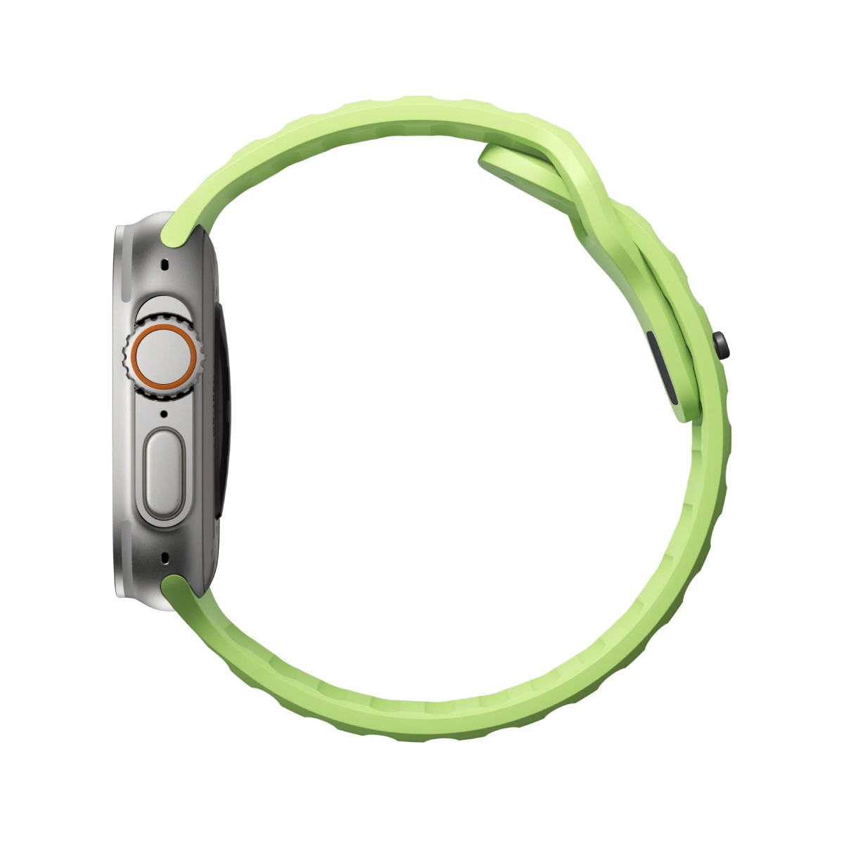 Uno smartwatch argentato con cinturino verde è mostrato di lato su sfondo bianco.
