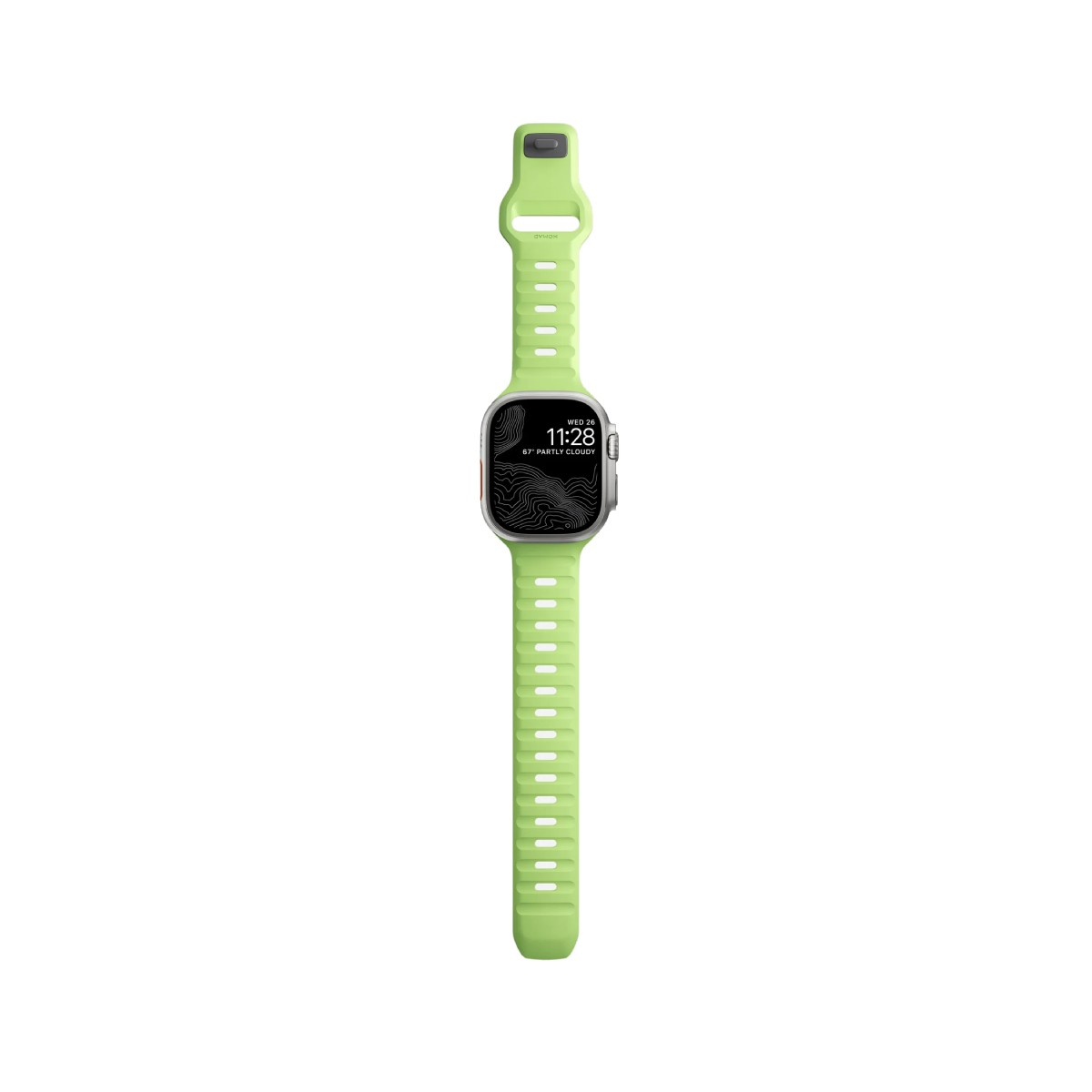 Uno smartwatch verde chiaro con cinturino grigio mostra ora e meteo.