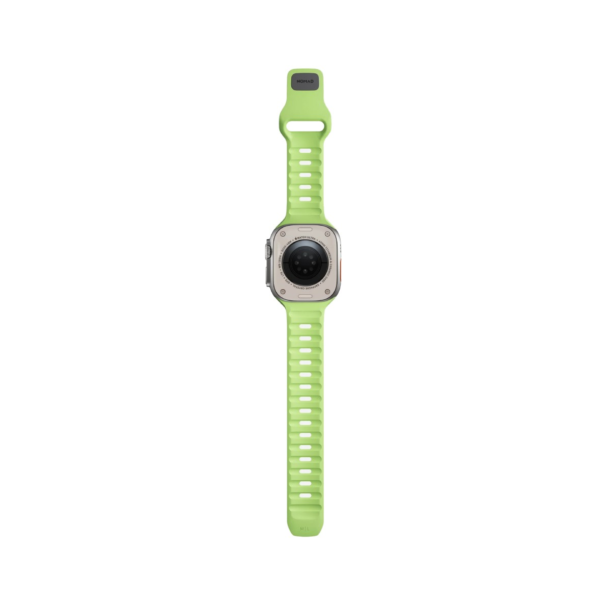 Un cinturino verde chiaro è attaccato a un Apple Watch Ultra.