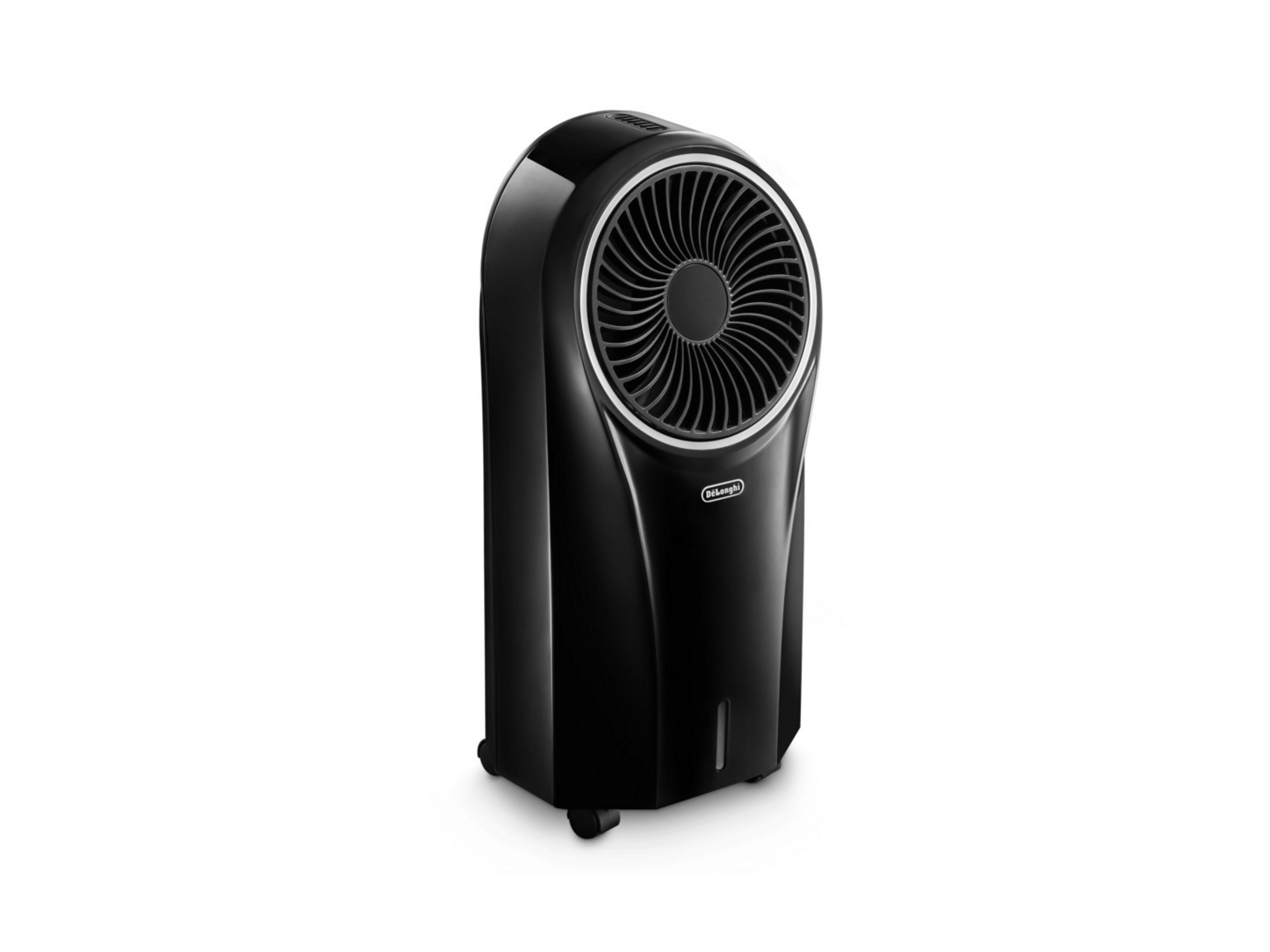Enfriador de aire negro con rejilla de ventilador y ruedas.