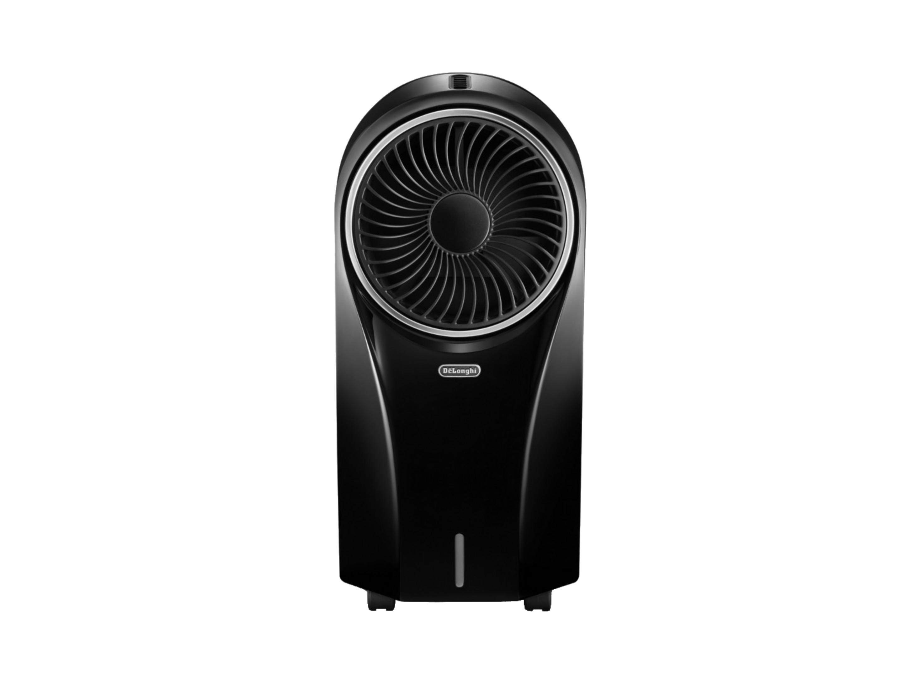 Un enfriador de aire negro con rejilla de ventilador redonda y logo DeLonghi.