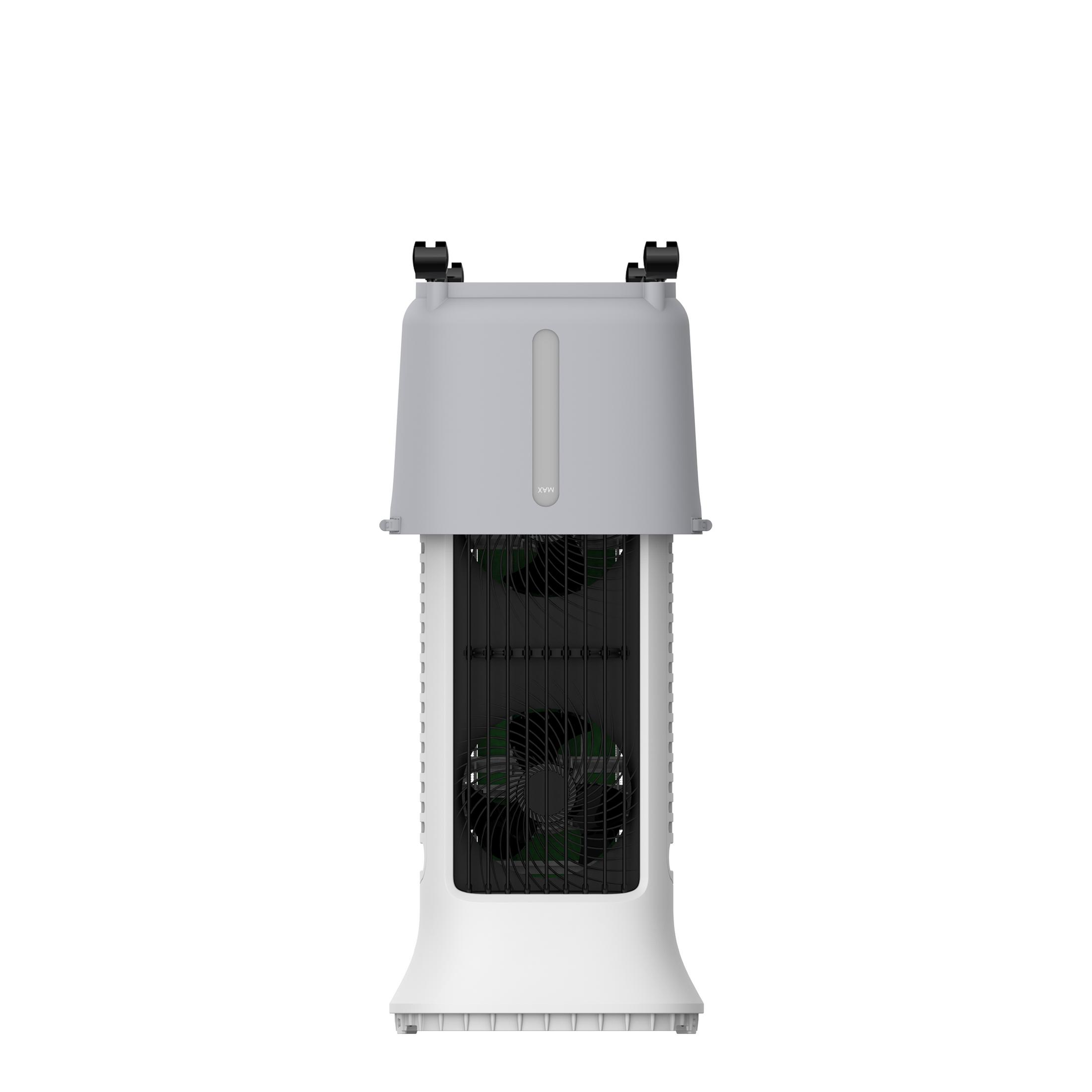 Ein weißer Turmventilator mit einem grauen Wassertank oben und zwei Lüftern.