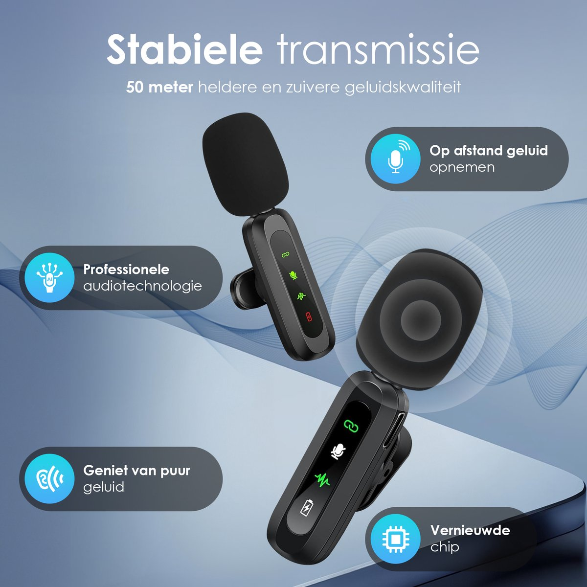 Zwei schwarze Mikrofone mit Textfeldern für professionelle Audiotechnologie und Fernaufnahme.