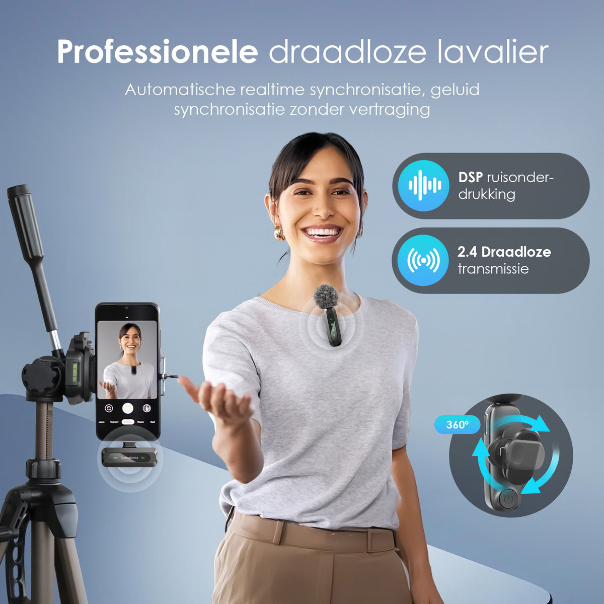 Frau mit drahtlosem Mikrofon, Handy auf Stativ, Text über professionelle Ausrüstung.
