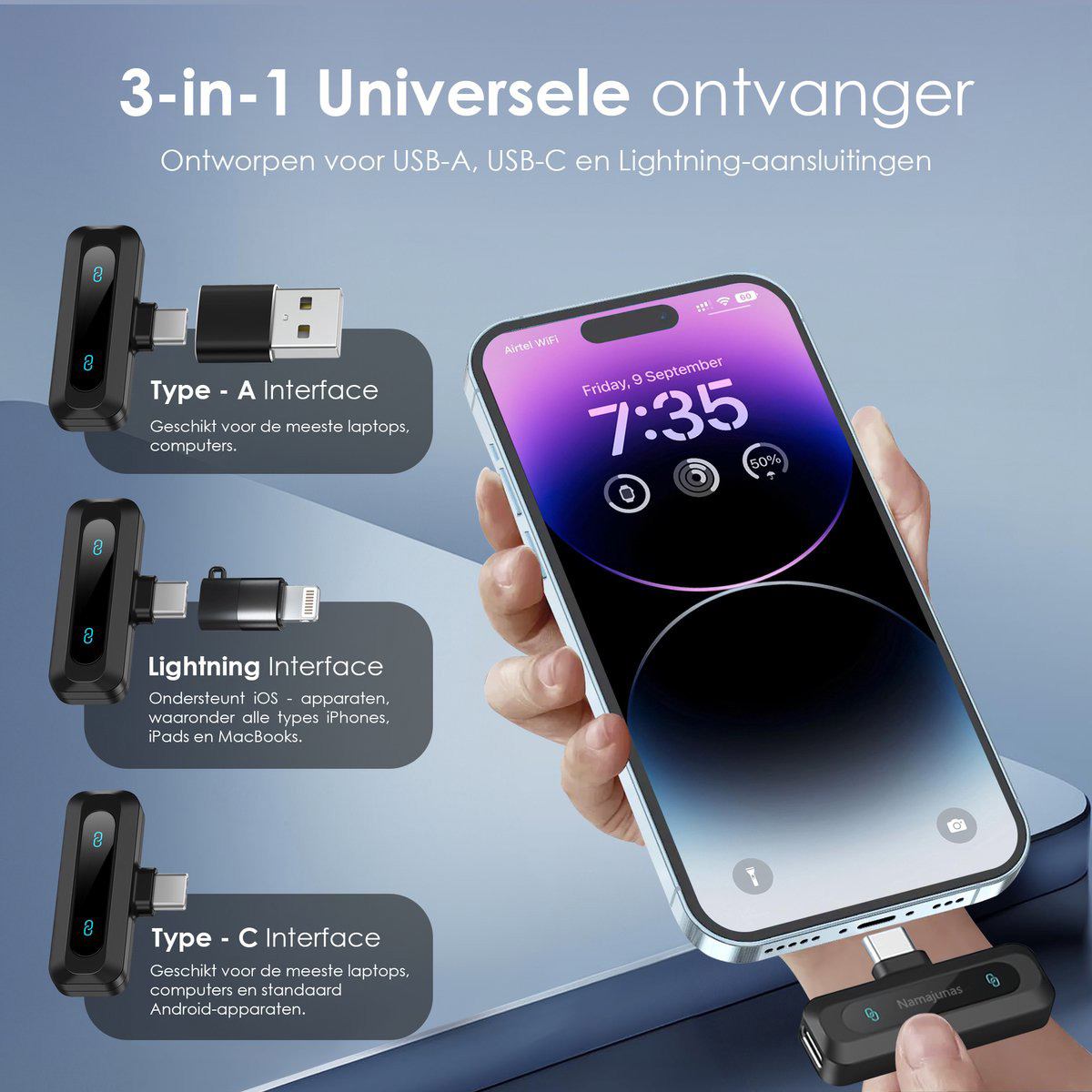 Ein Smartphone wird mit einem 3-in-1-Empfänger verbunden, der USB-A, Lightning und USB-C unterstützt.