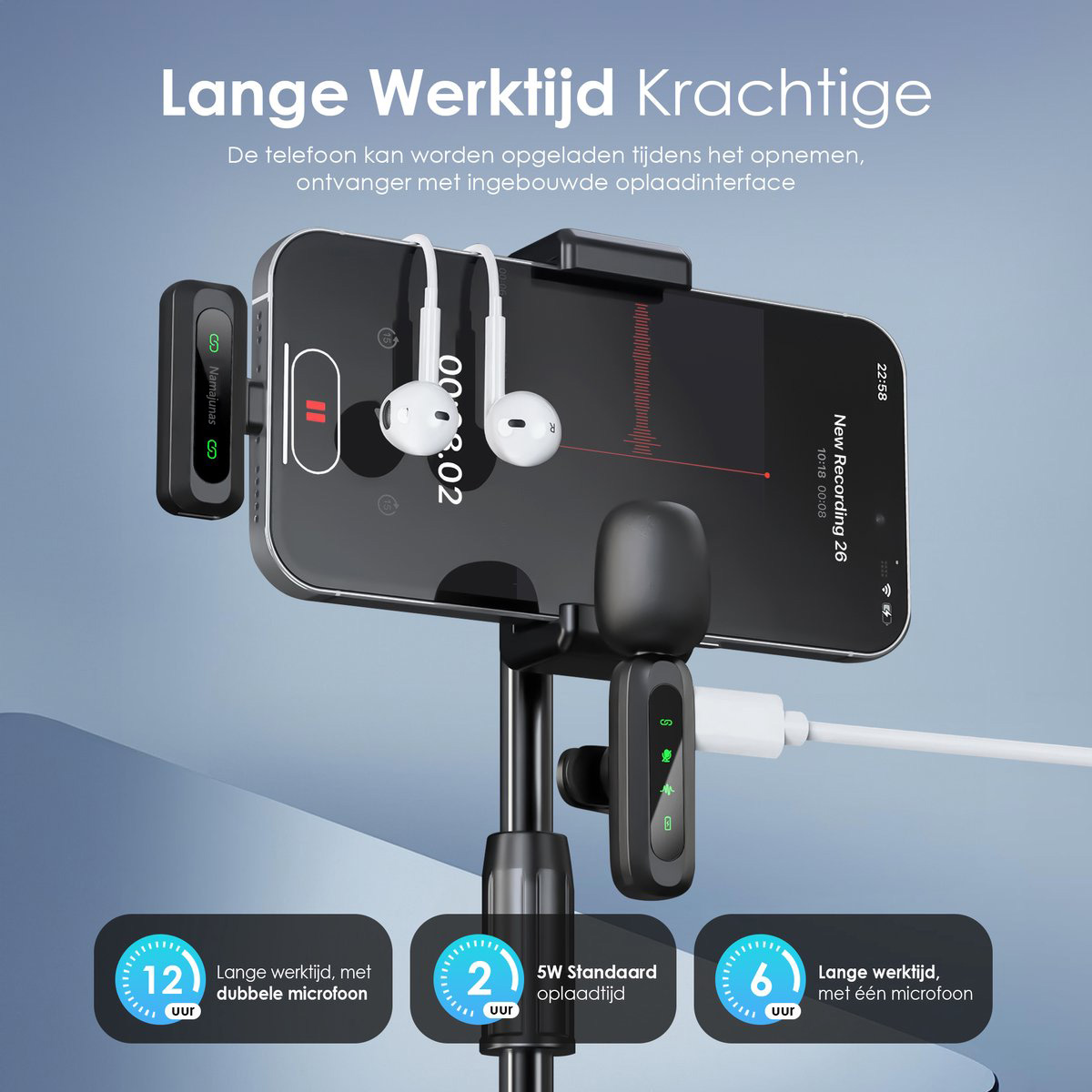 Ein Smartphone mit Mikrofonen und Kopfhörern, das auf einem Ständer montiert ist. Text hebt Akkulaufzeit hervor.