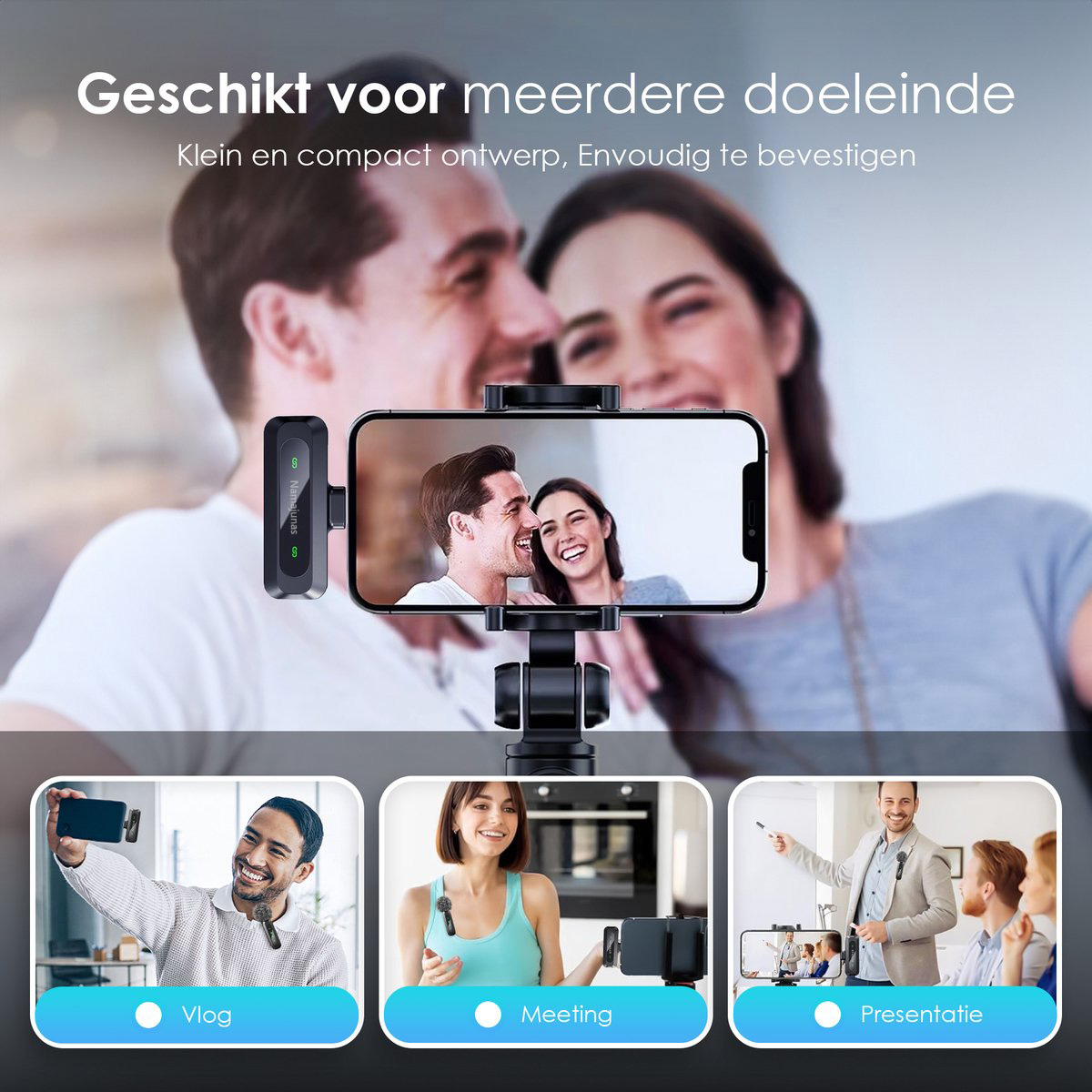 Ein Paar lacht, während ein Mikrofon am Handy befestigt ist, unten drei Szenarien: Vlog, Meeting, Präsentation.