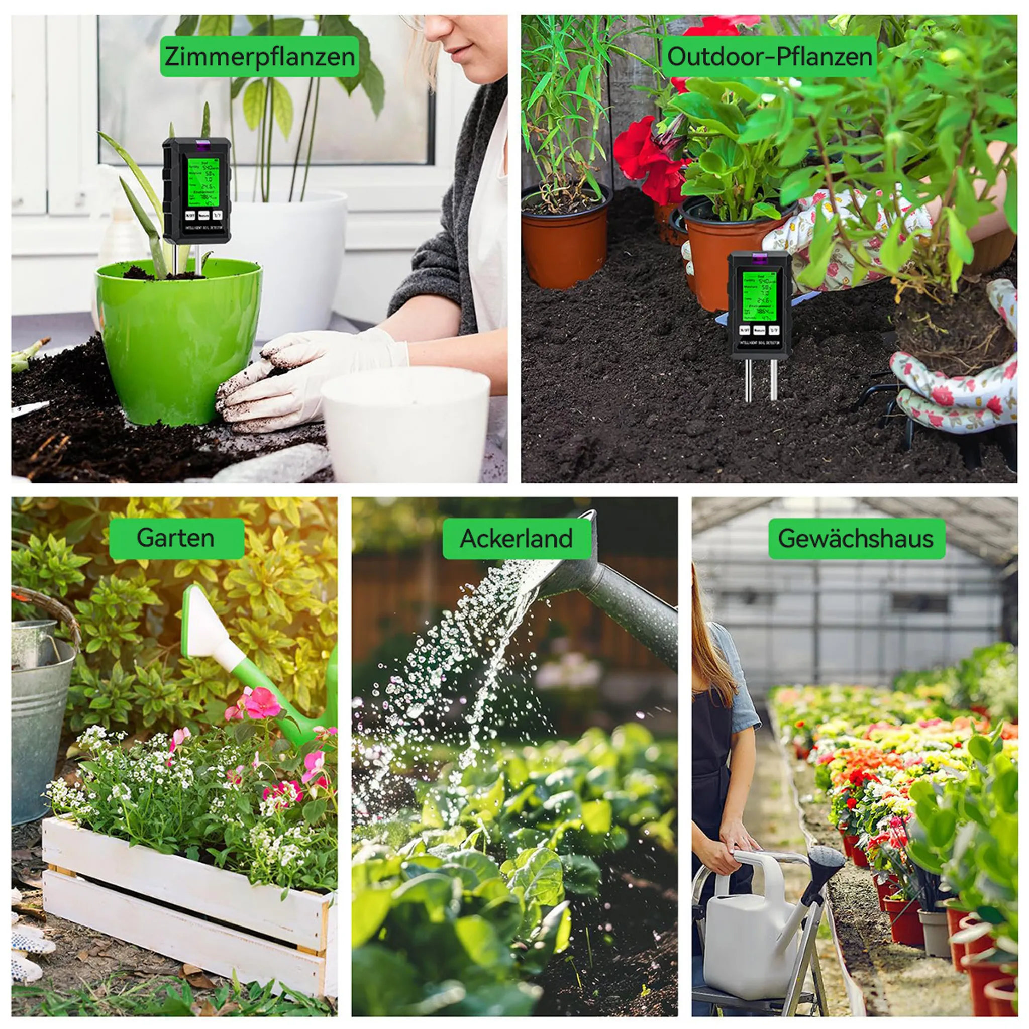 Collage von Gartenszenen: Zimmerpflanzentest, Außenpflanzung, Gartenbewässerung, Feld, Gewächshaus.