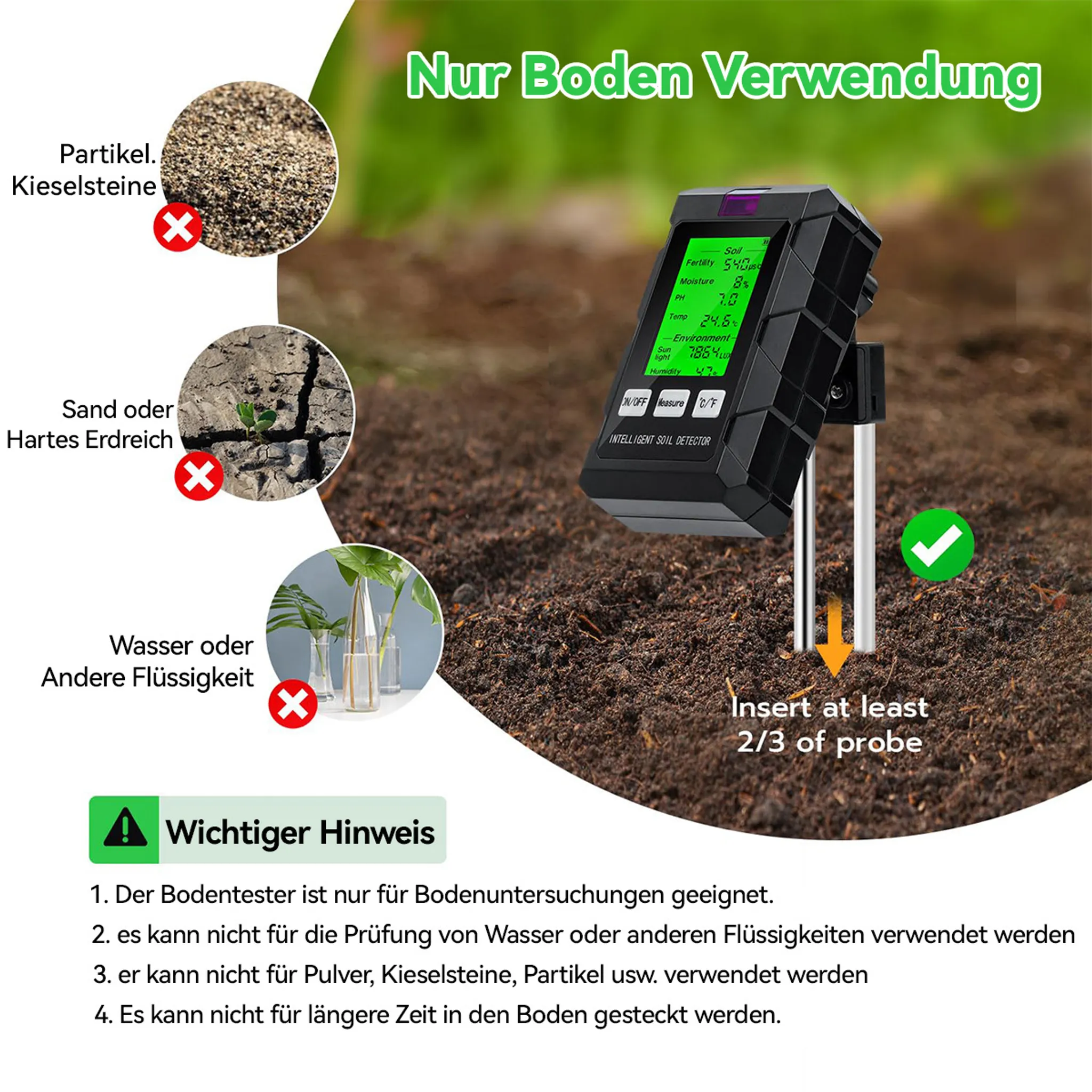 Ein Boden-Detektor misst Bodenparameter. Verbotsbereiche sind markiert.