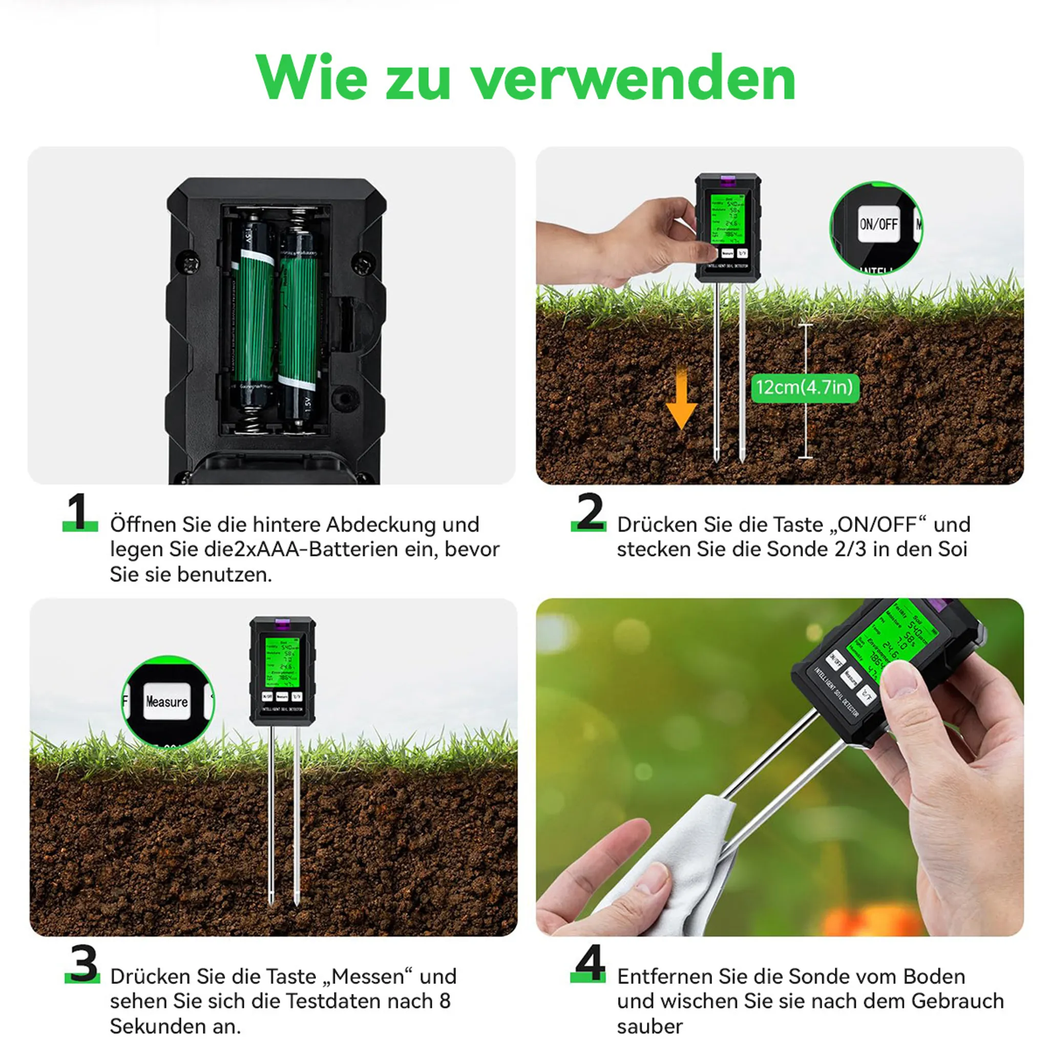 Anleitung: Batterien einlegen, Sonde einführen, messen und reinigen.
