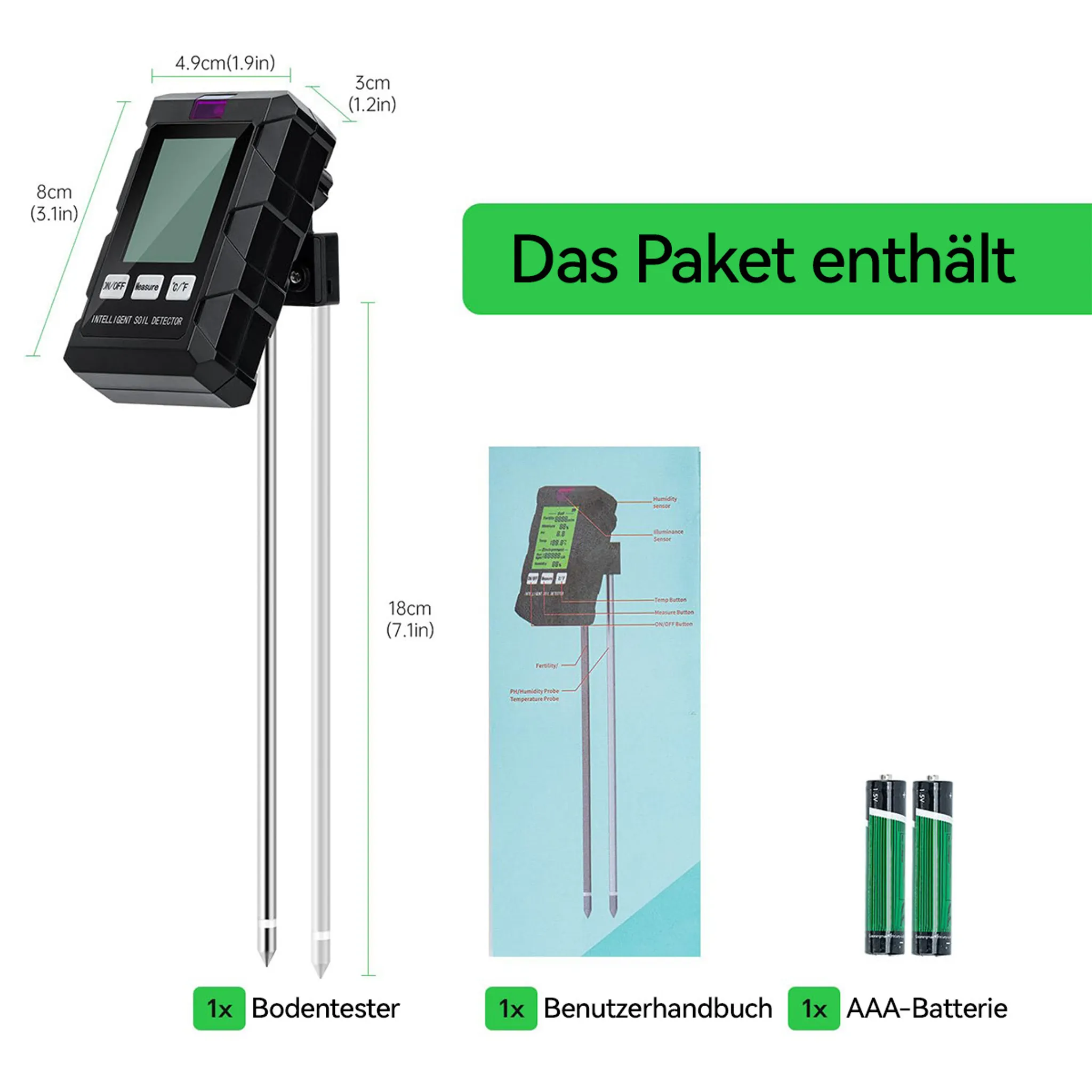 Ein schwarzer Bodentester mit zwei Sonden, einem Bildschirm und drei Knöpfen. Daneben eine Anleitung und Batterien.