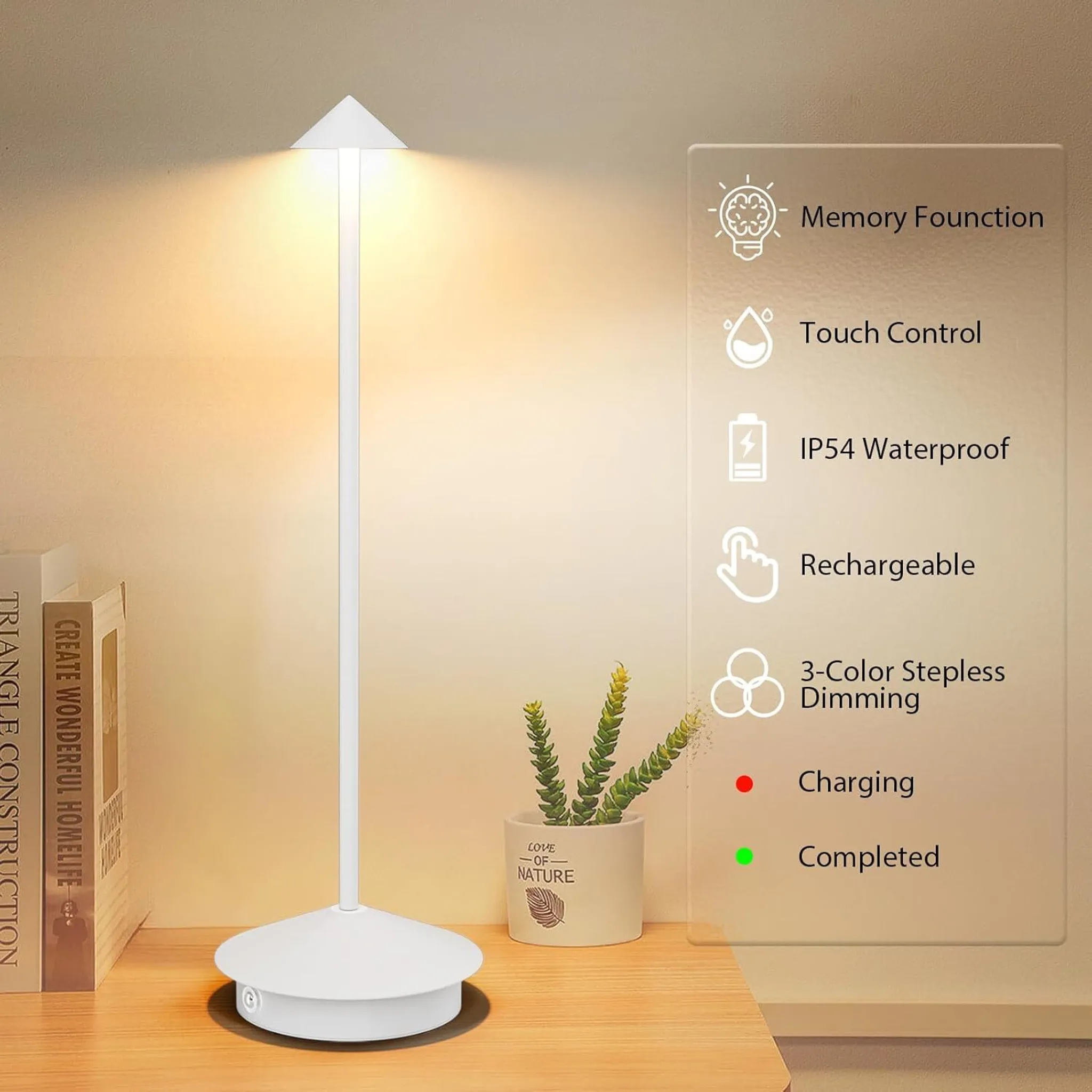 Eine weiße LED-Schreibtischlampe mit Touch-Steuerung und Dimmfunktion.