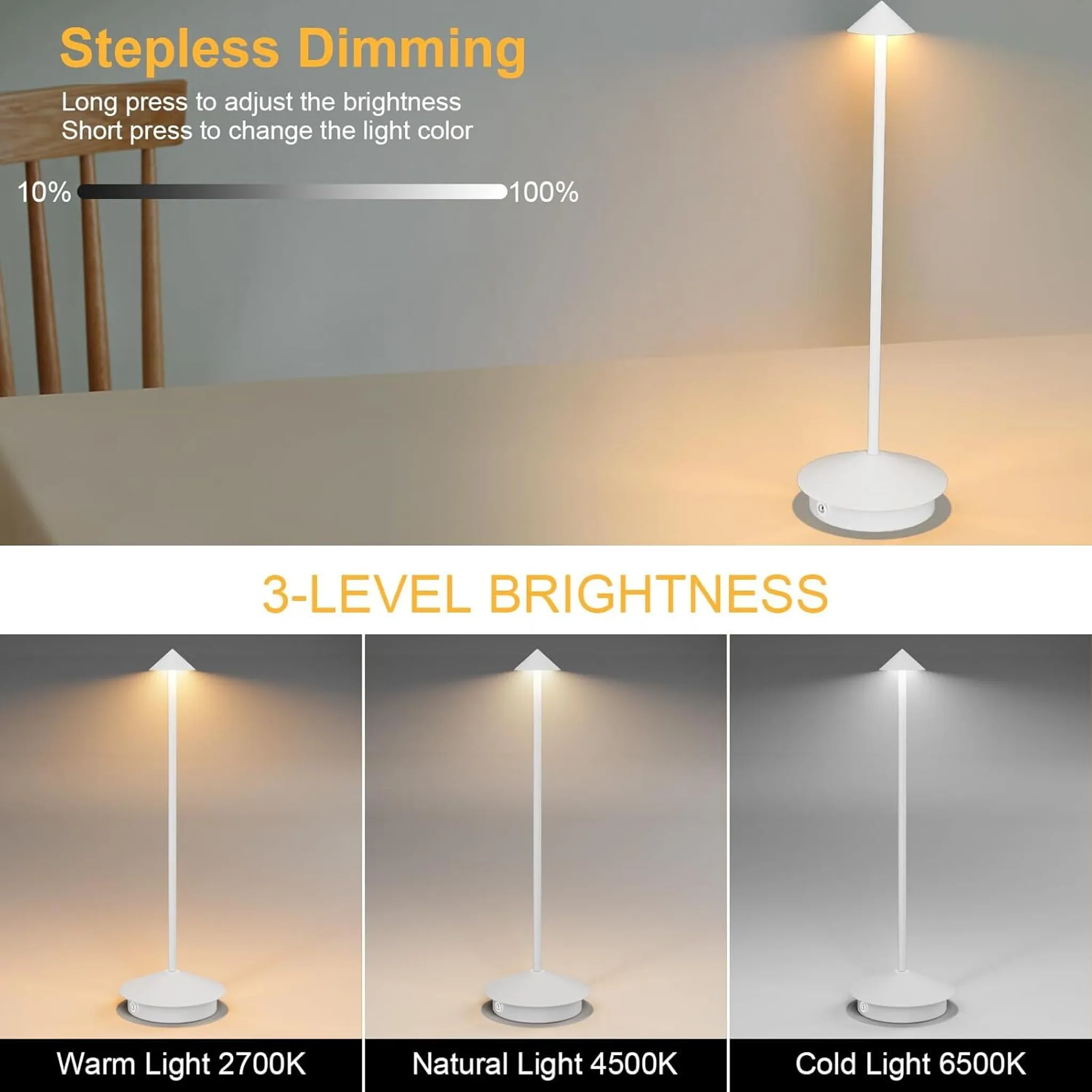 Moderne weiße Lampe mit einstellbarer Helligkeit und Farbtemperatur.