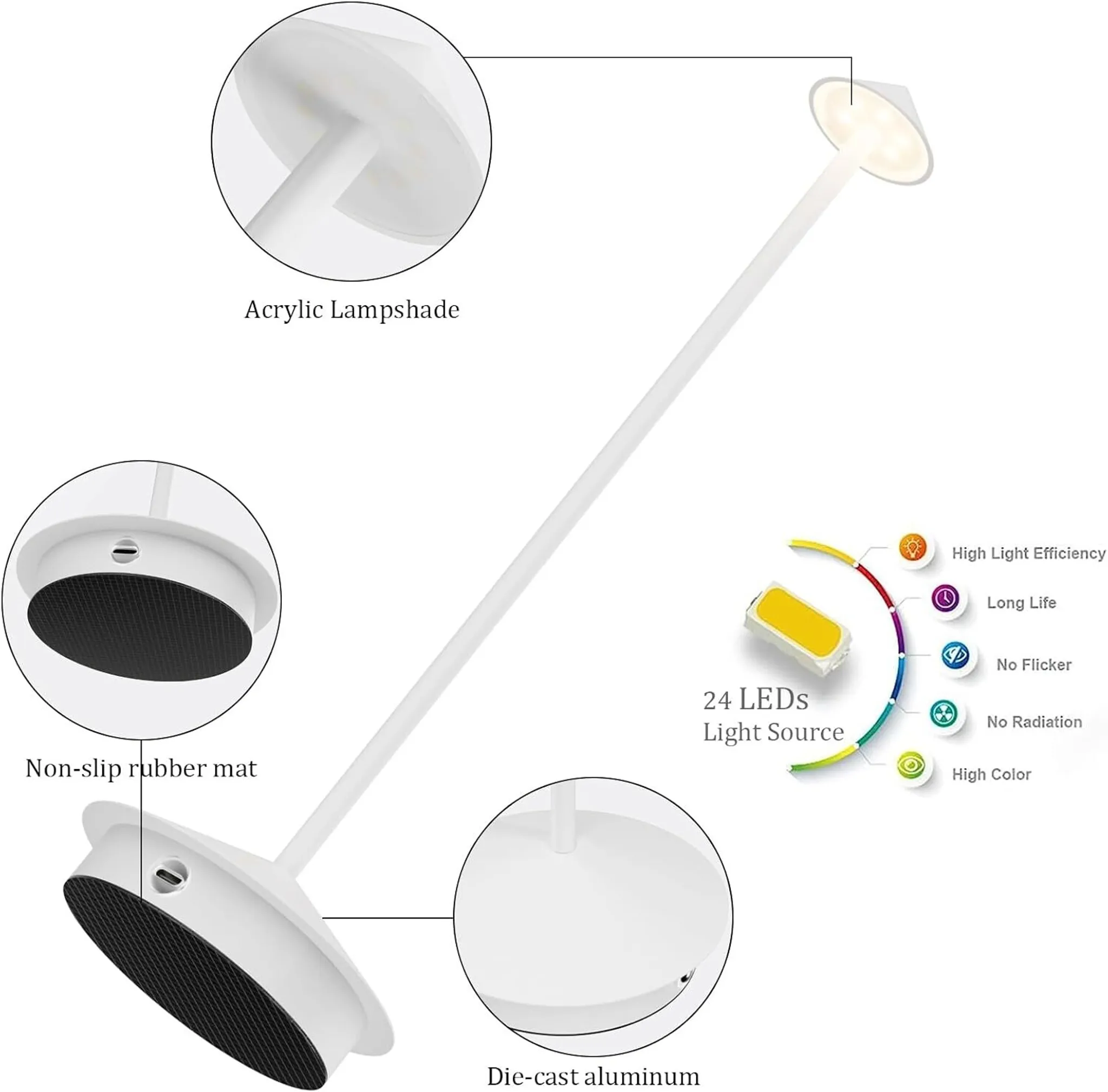 Eine weiße Lampe mit einem flexiblen Arm, LED-Lichtquelle und detaillierten Ansichten.