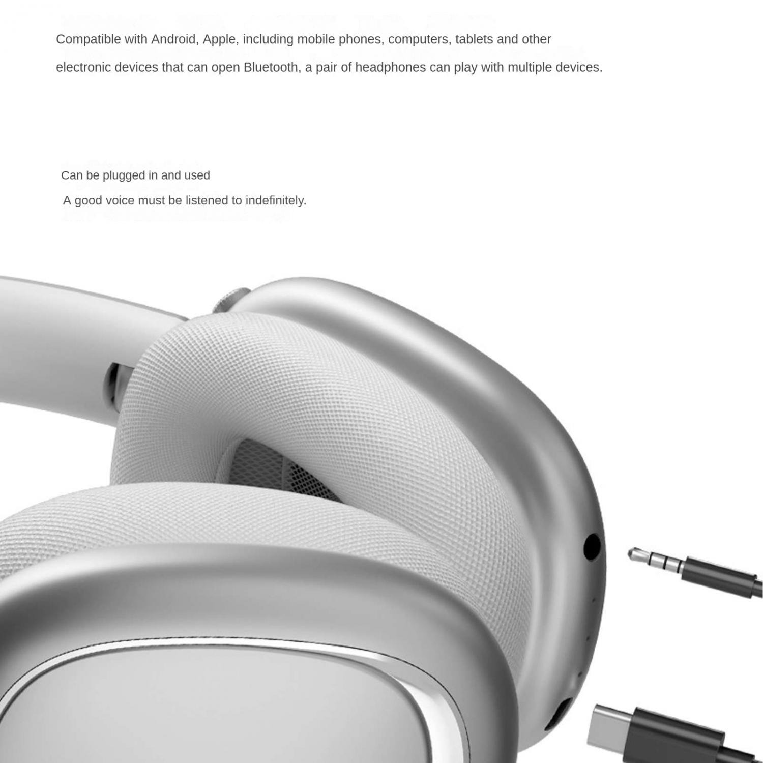 Silberne Kopfhörer mit weißen Ohrmuscheln und zwei Kabeln: ein Audioanschluss, ein USB-C.