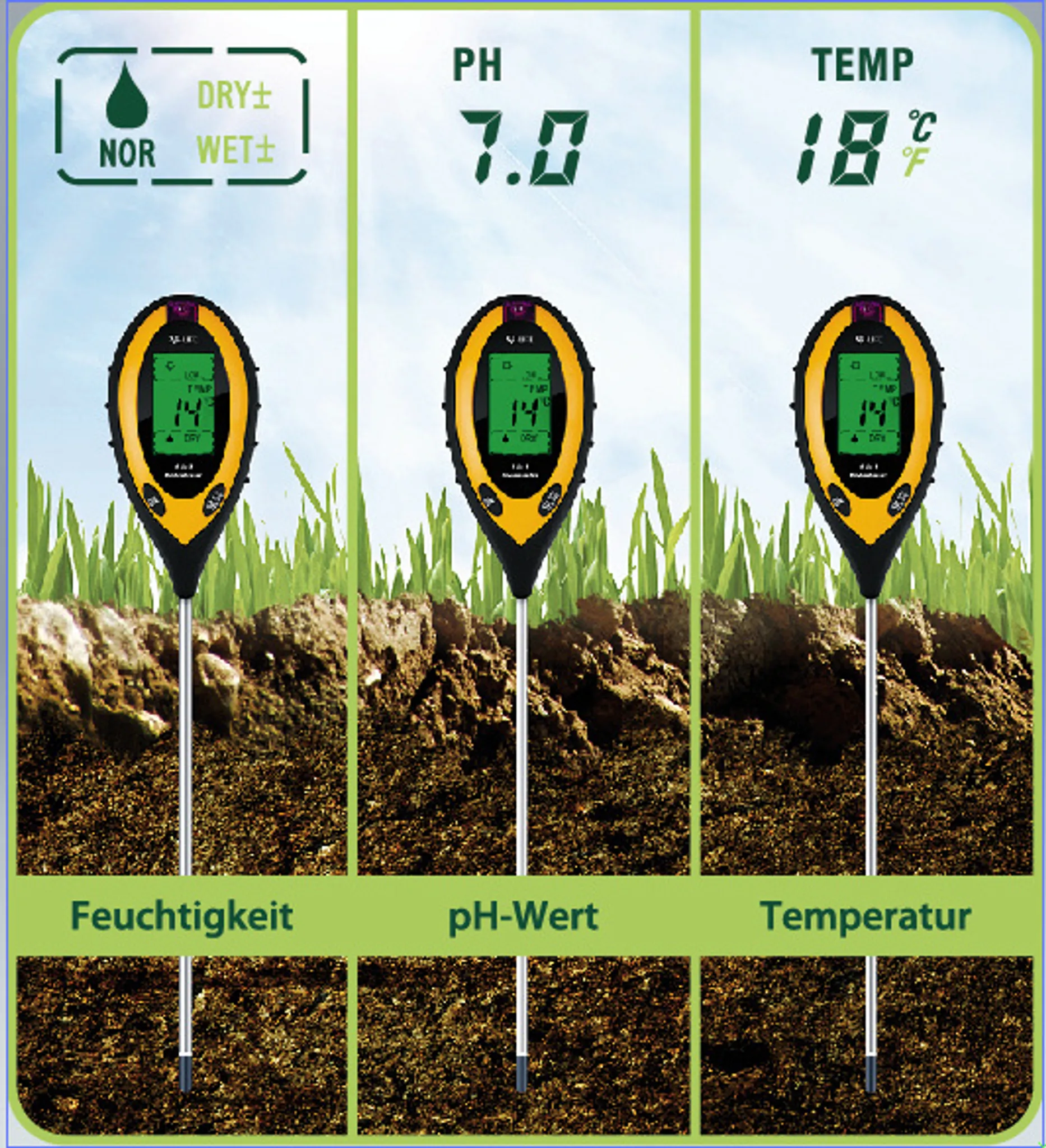 Drei Bodentester zeigen Feuchtigkeit, pH und Temperatur in Erdreich mit Gras.