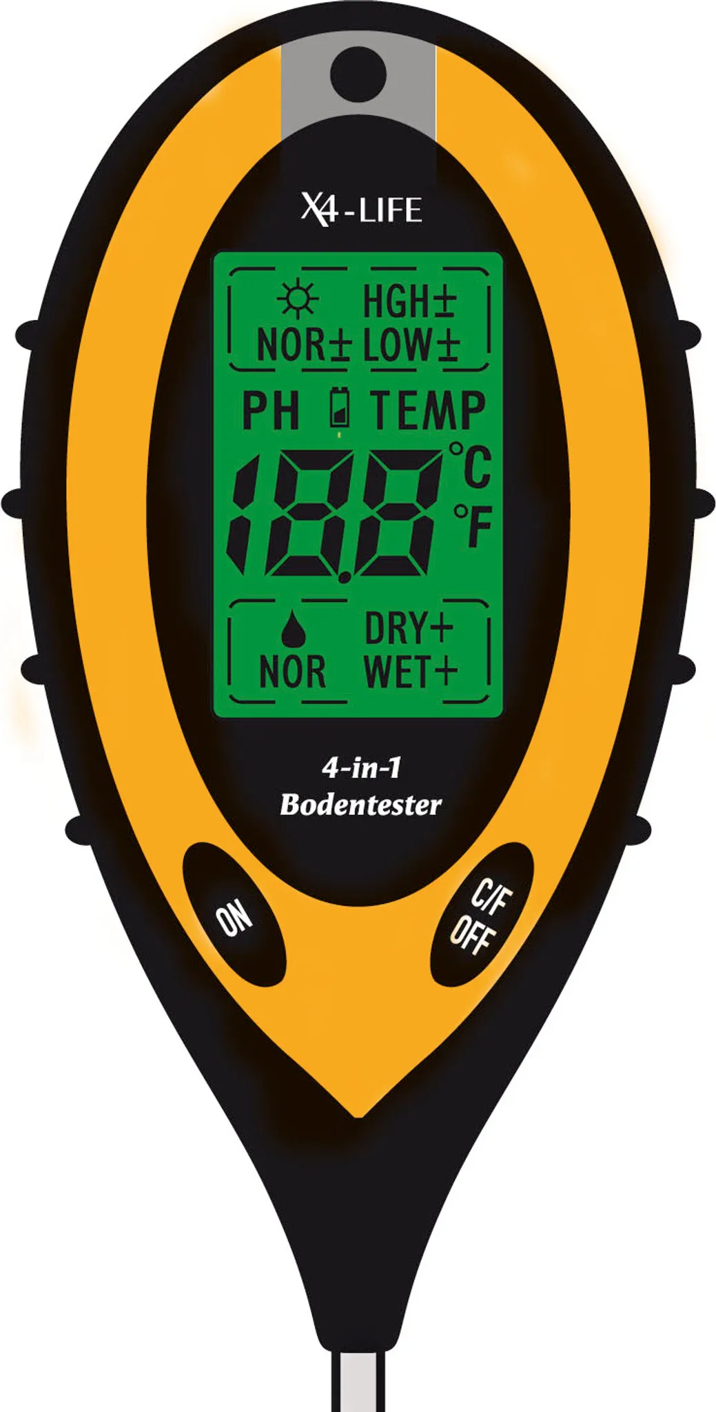 Ein gelb-schwarzer Boden-Tester mit einem grünen LCD-Bildschirm zeigt PH und Temperatur an.