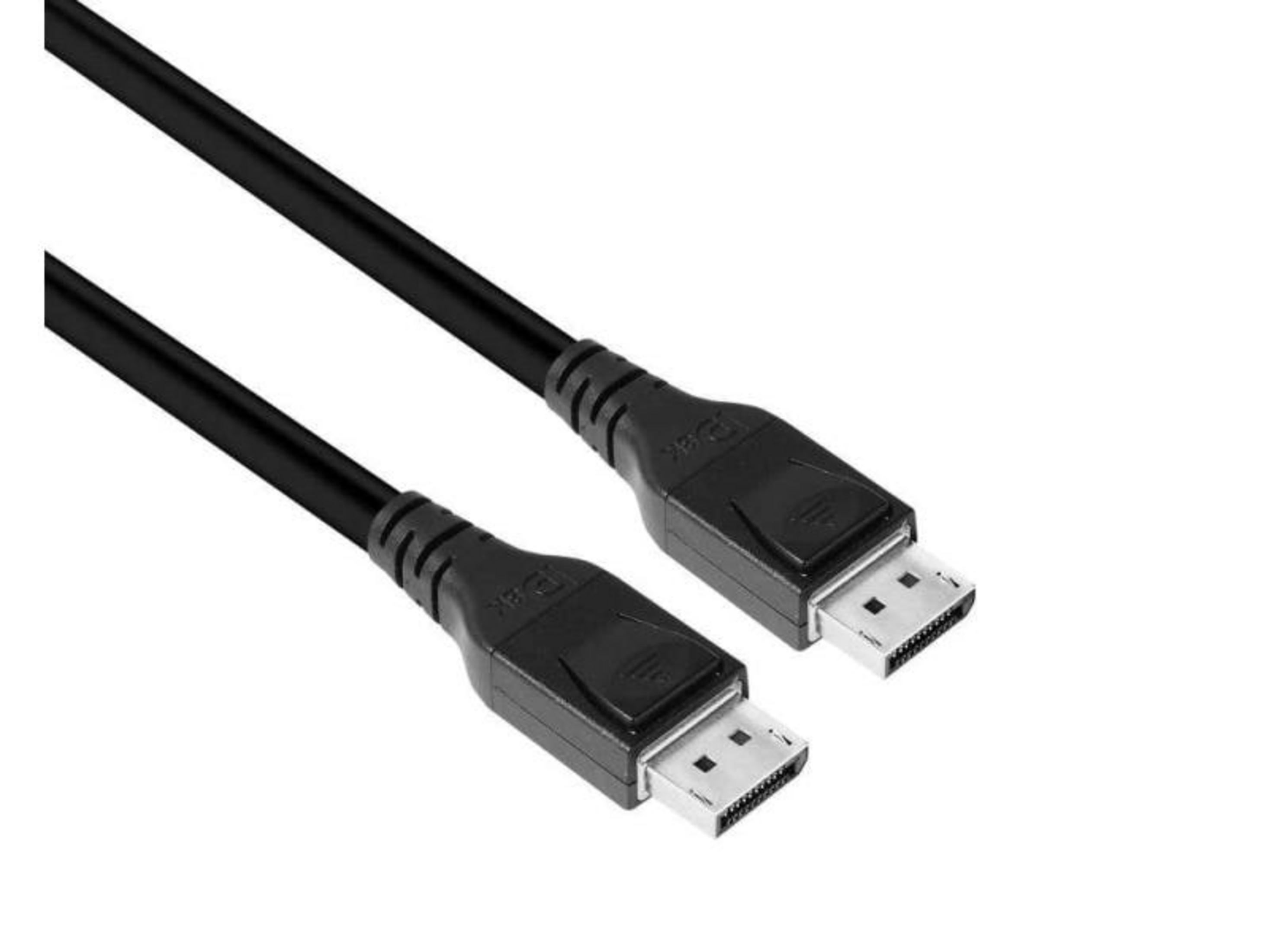 Zwei schwarze DisplayPort-Kabel mit silbernen Anschlüssen auf weißem Hintergrund.