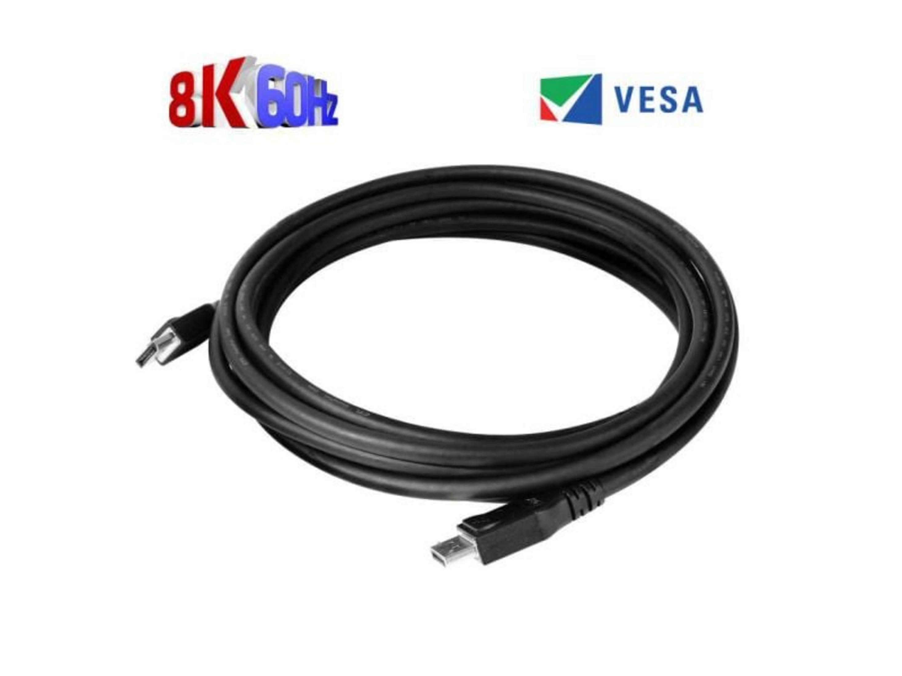 Schwarzes Kabel mit 8K 60Hz und VESA-Logo.