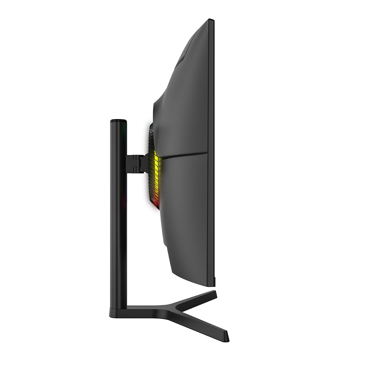 Arkada RGB aydınlatmalı siyah monitör, yandan görünüyor.