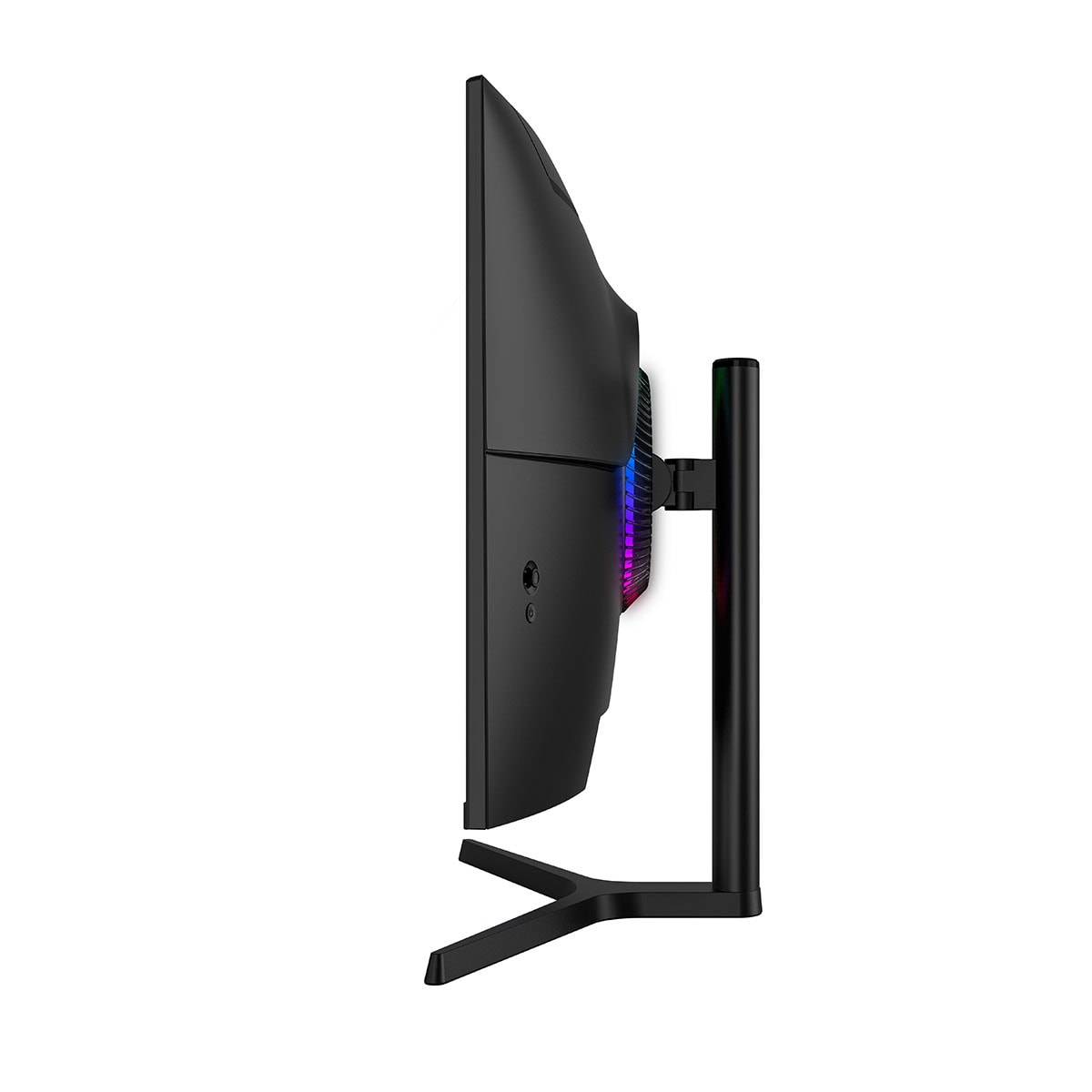 Arkasında RGB aydınlatmalı, Y şeklinde standa sahip siyah kavisli monitörün yandan görünümü.