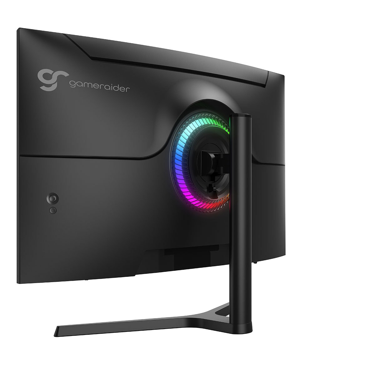 Gümüş logolu ve RGB aydınlatmalı siyah monitörün arkası.