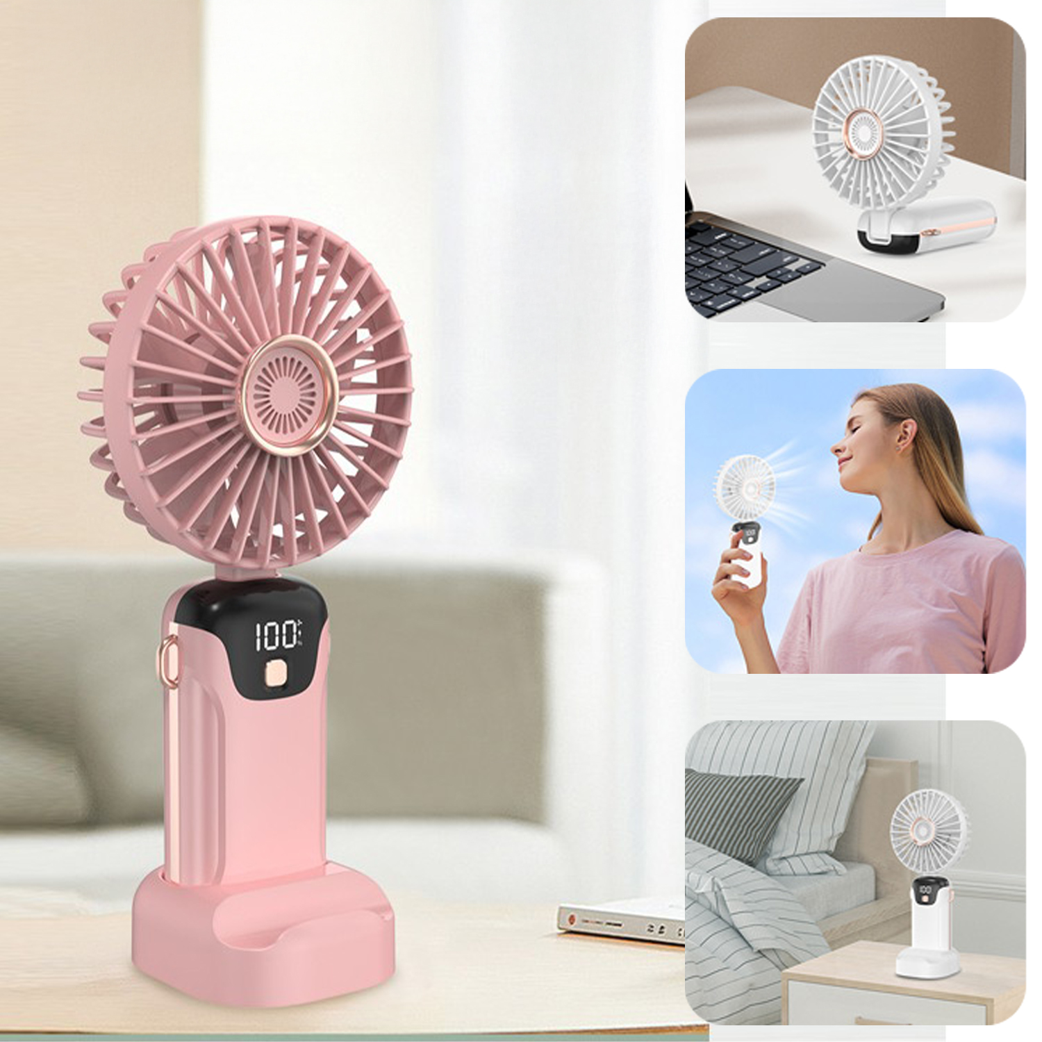 Un ventilatore rosa con display digitale è su un tavolo. Vengono mostrate altre tre immagini.