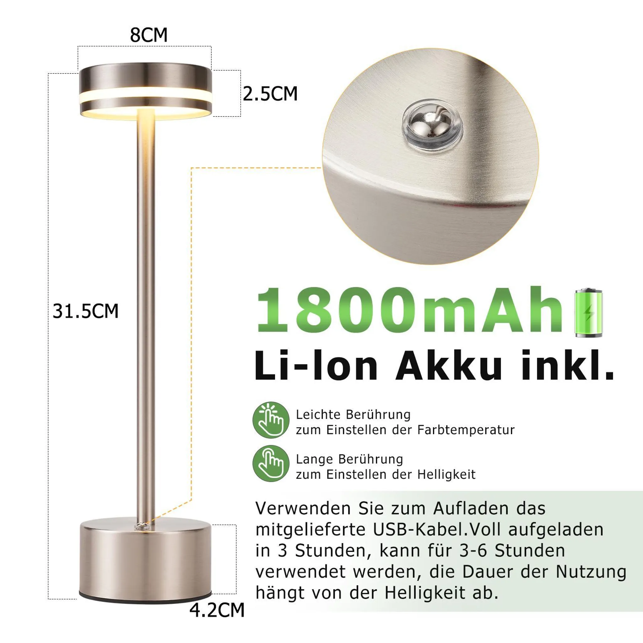 Moderne silberne Tischlampe mit Touch-Bedienung, 1800mAh Akku.