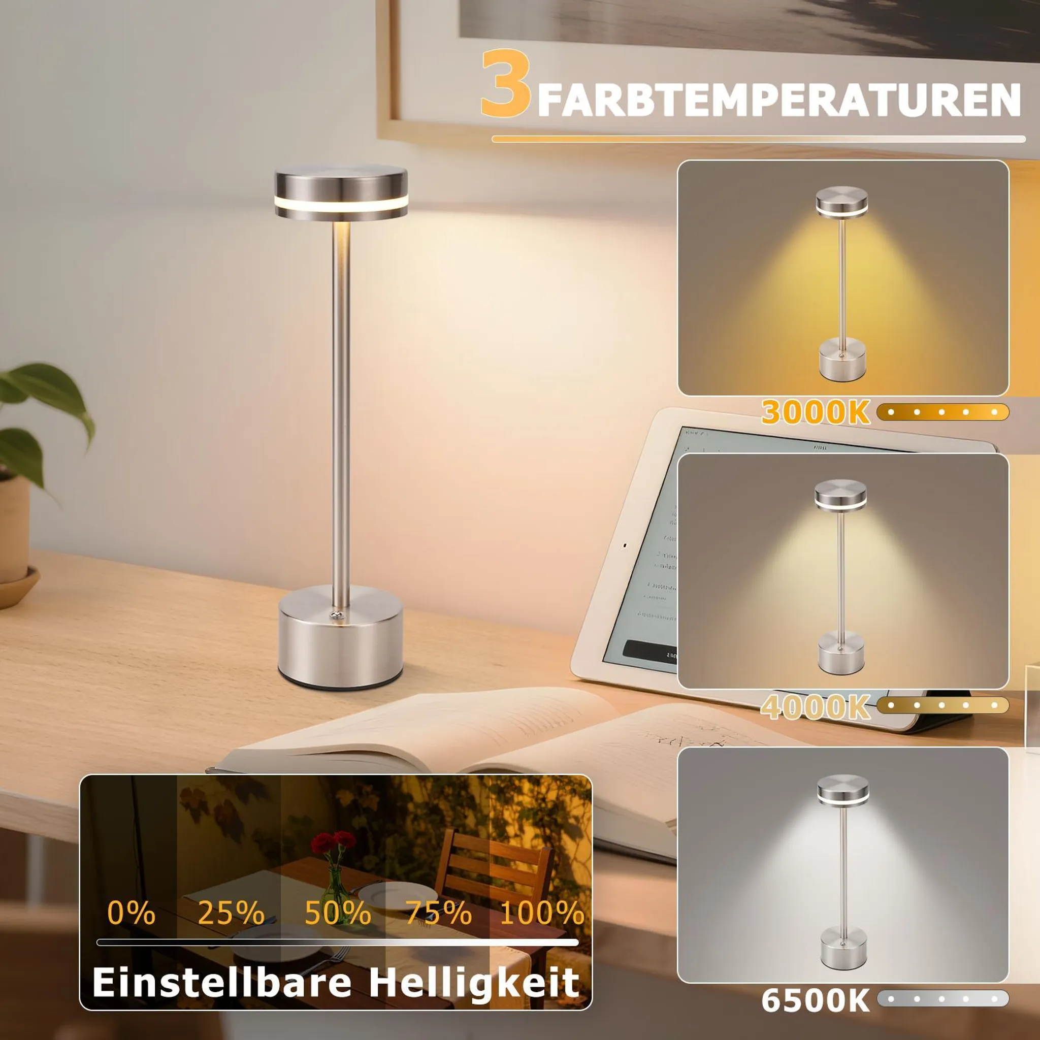 Eine silberne Tischlampe mit drei Farbtemperaturen und einstellbarer Helligkeit.