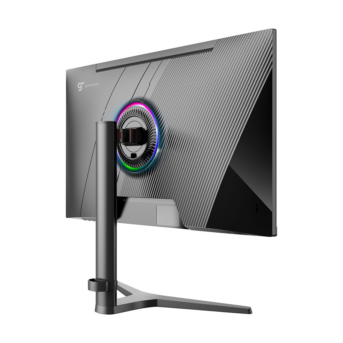 RGB aydınlatmalı ve nervürlü tasarımlı bir oyuncu monitörünün arkası.