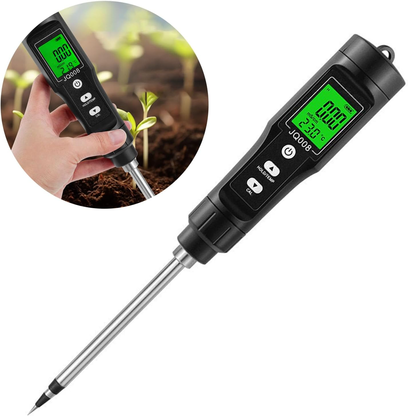 Ein schwarzer Boden-pH-Tester mit Metallsonde und grünem LCD-Display.