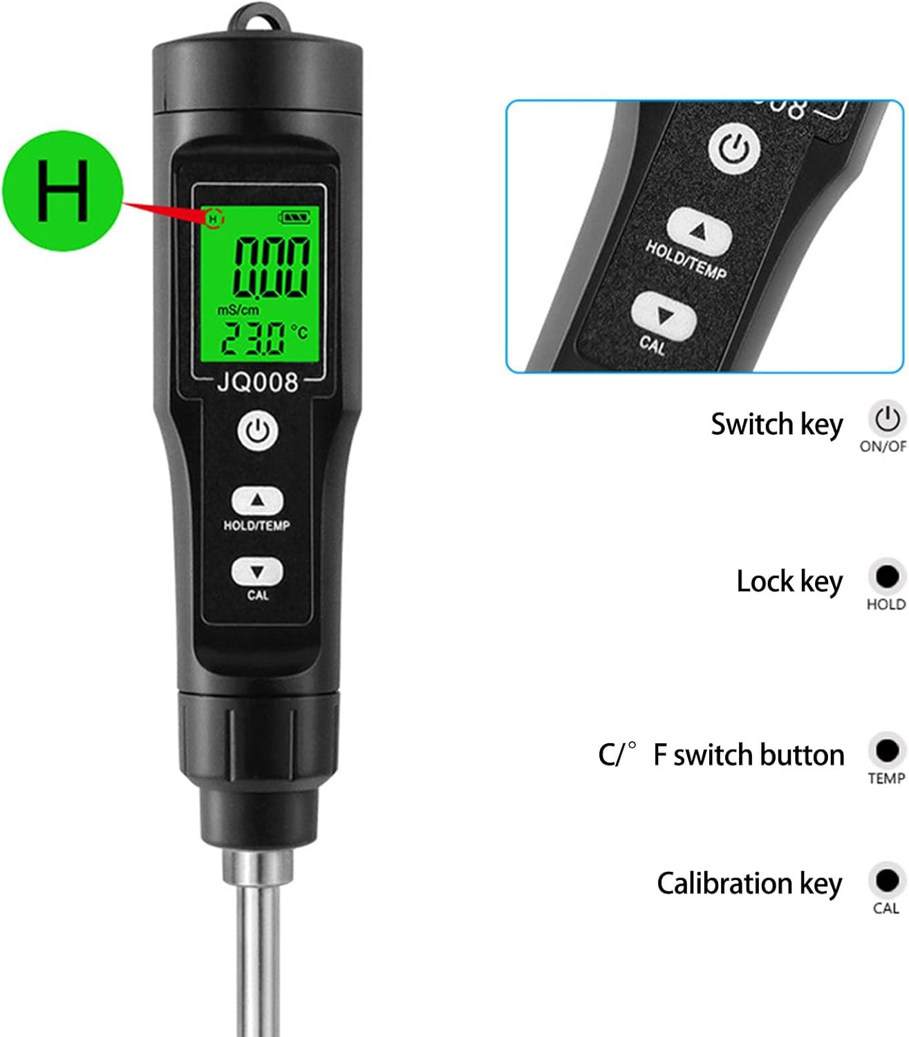 Ein schwarzer digitaler pH-Messgerät mit grünem Display zeigt 0.00 und 23.0 C.
