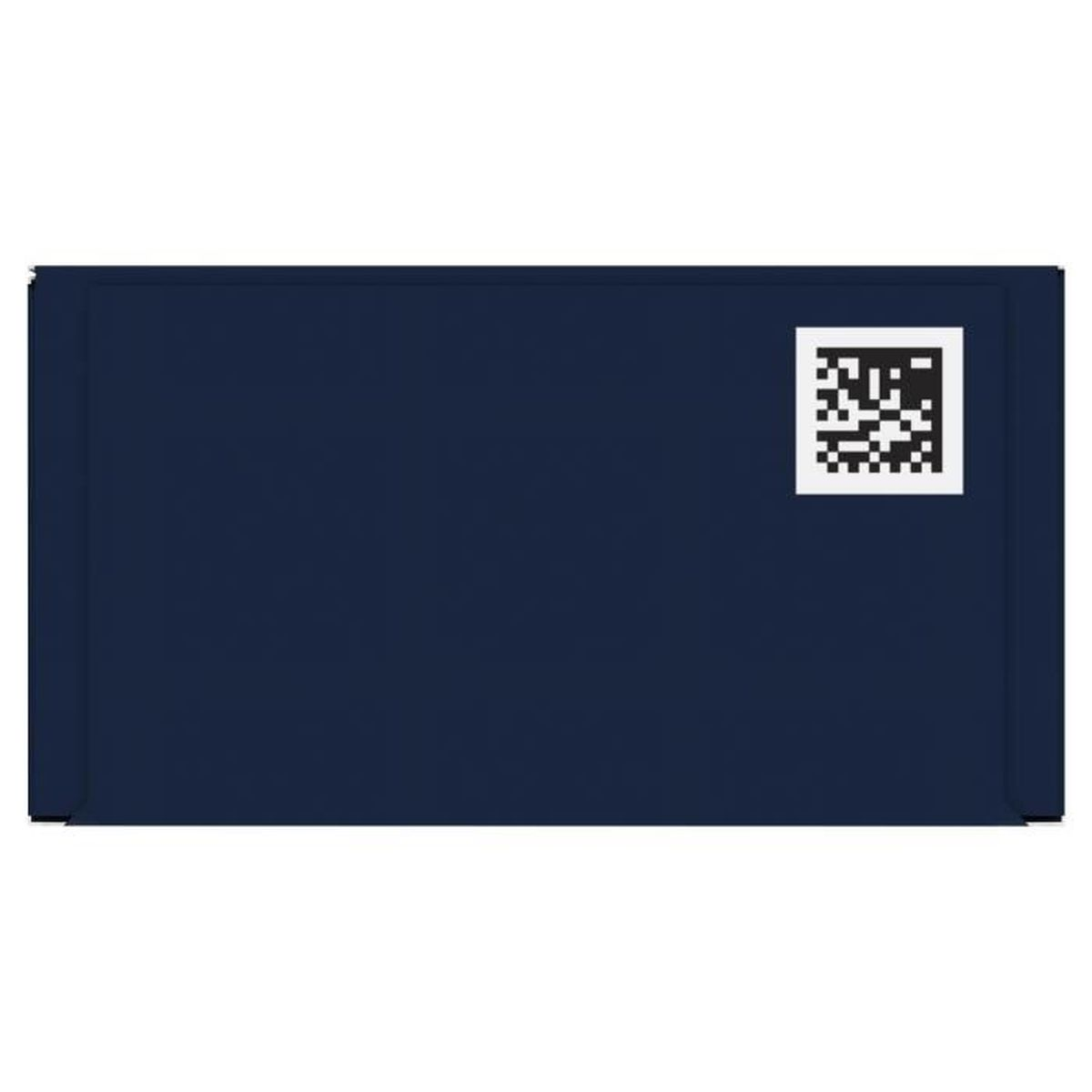 Ein geschlossener dunkelblauer Umschlag mit einem kleinen weißen Quadrat mit QR-Code rechts.
