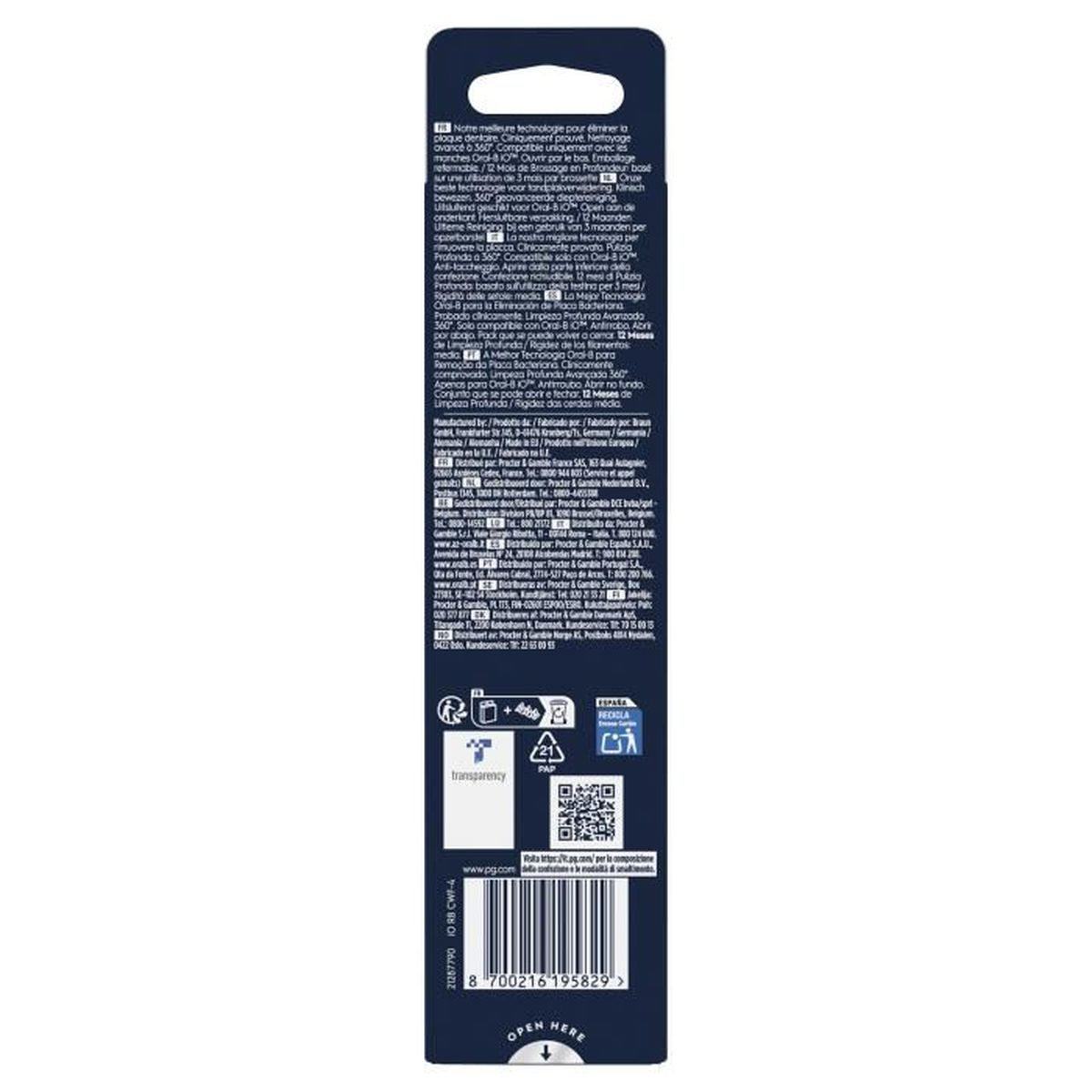 Verpackung mit Texten, Symbolen und einem QR-Code. Unten ist ein Pfeil mit 'OPEN HERE'.
