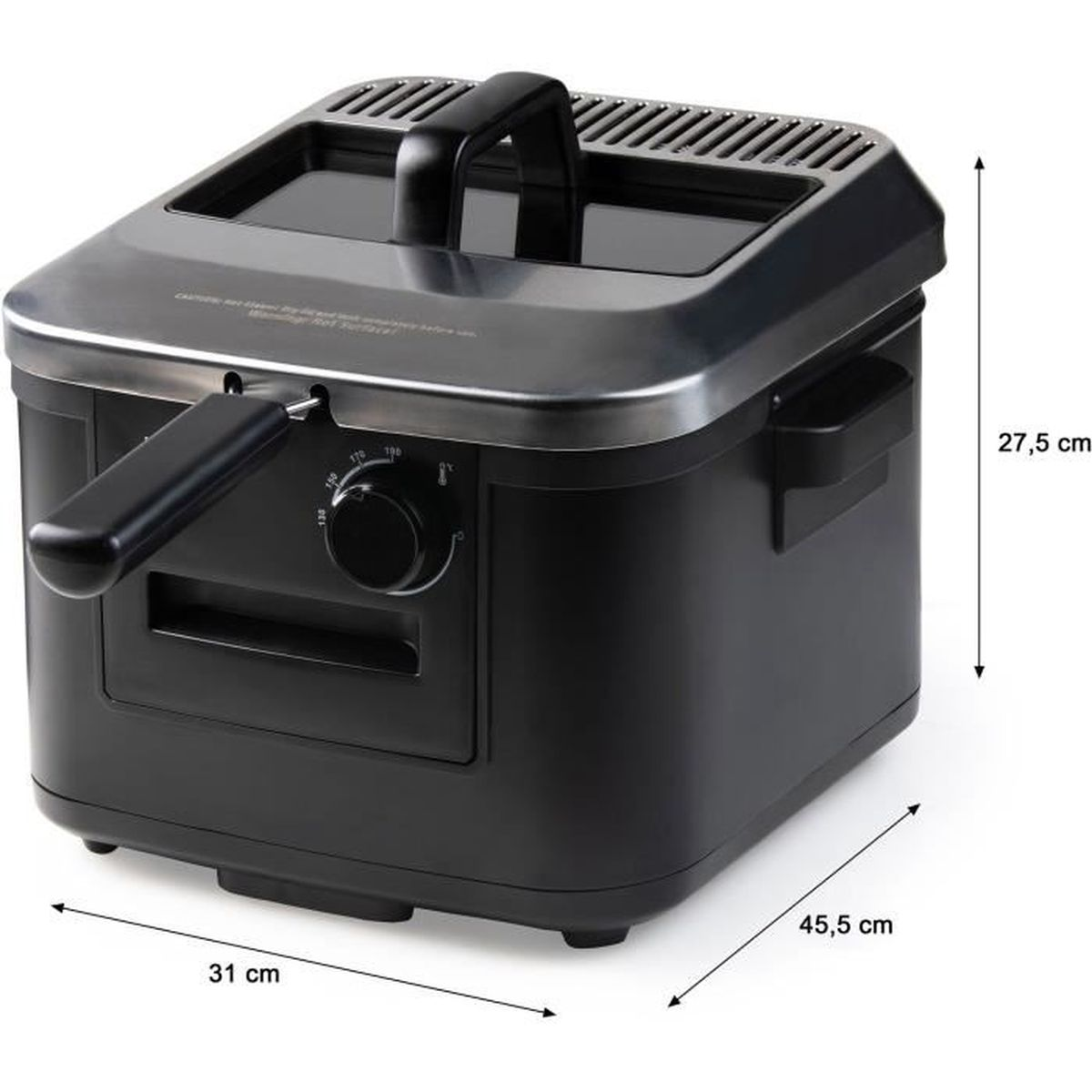Friteuse nera con controllo temperatura e dimensioni: 31x45,5x27,5 cm.