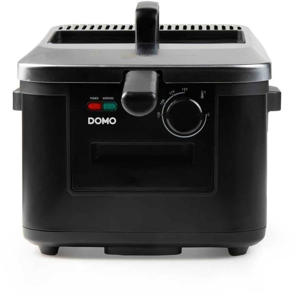 Friteuse nera con coperchio argentato e quadrante temperatura.